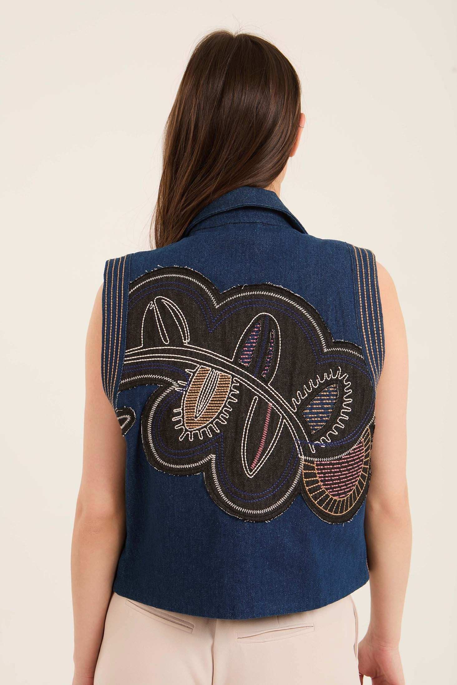 Stitched Patches Buttoned Vest with Turn Down Collar