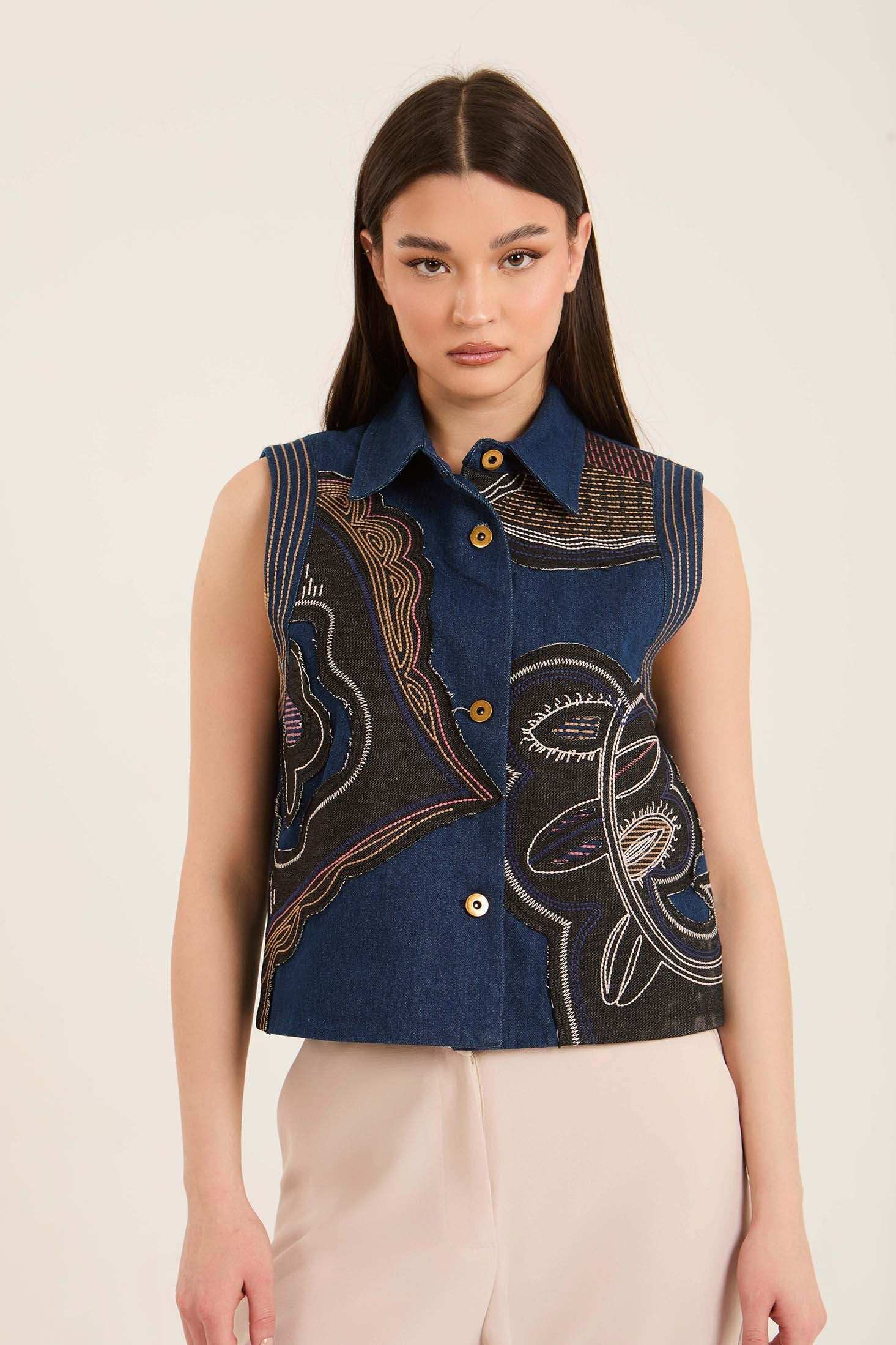 Stitched Patches Buttoned Vest with Turn Down Collar