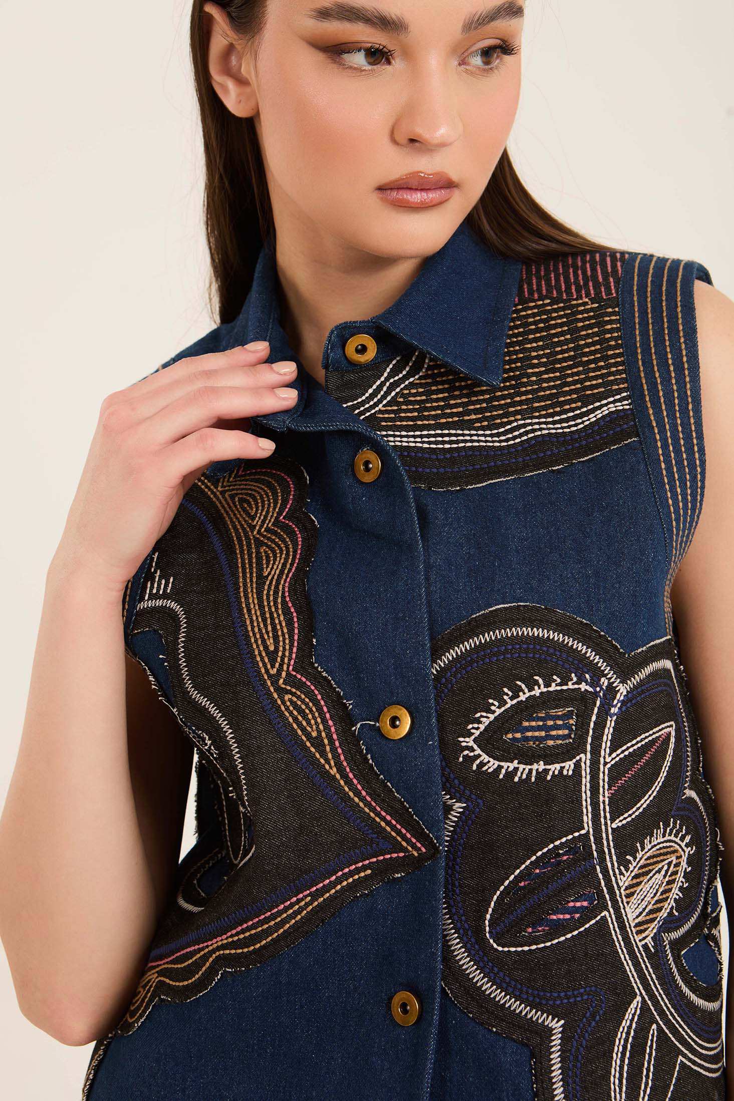 Stitched Patches Buttoned Vest with Turn Down Collar