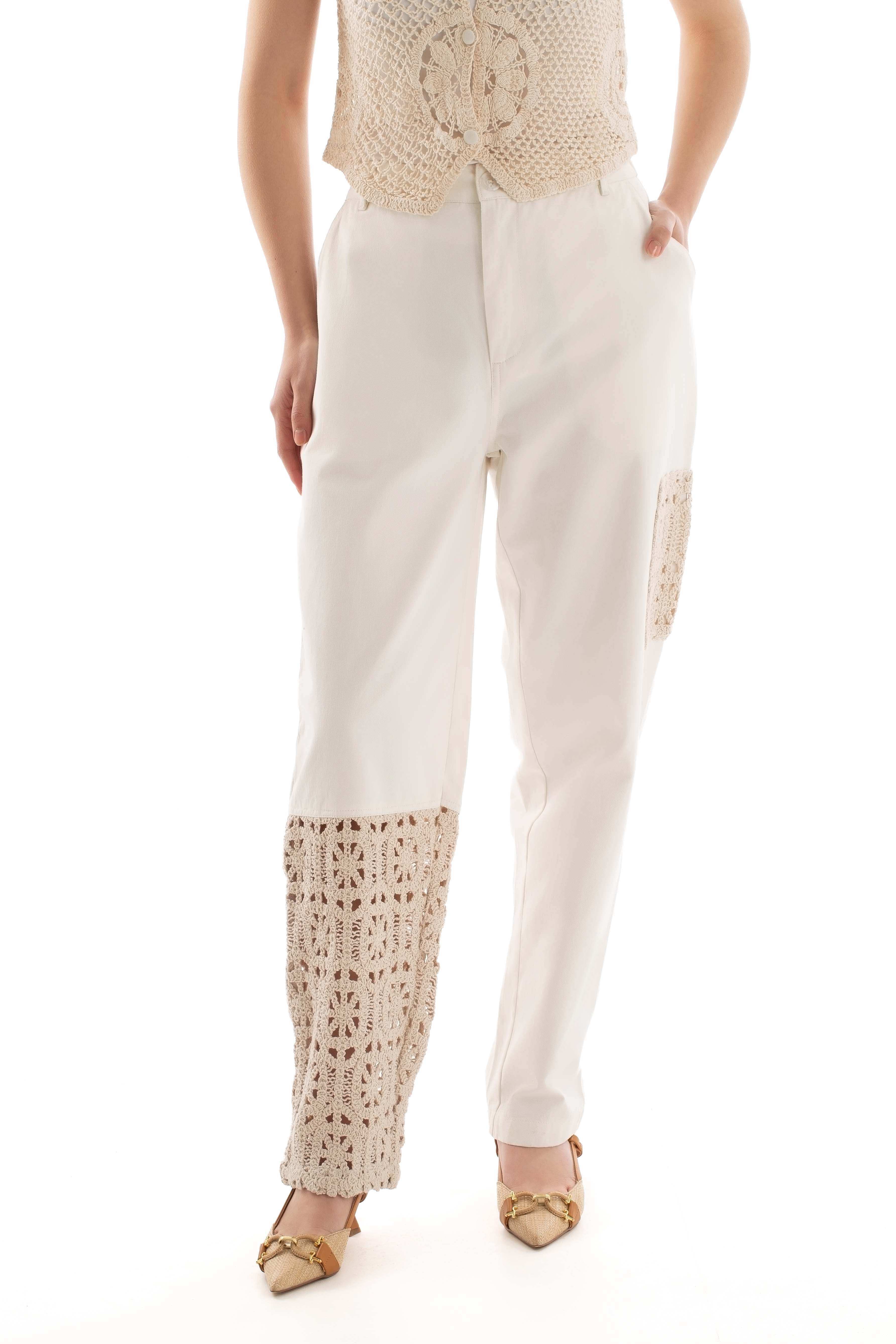 Straight Cotton Pants with Crochet Insets