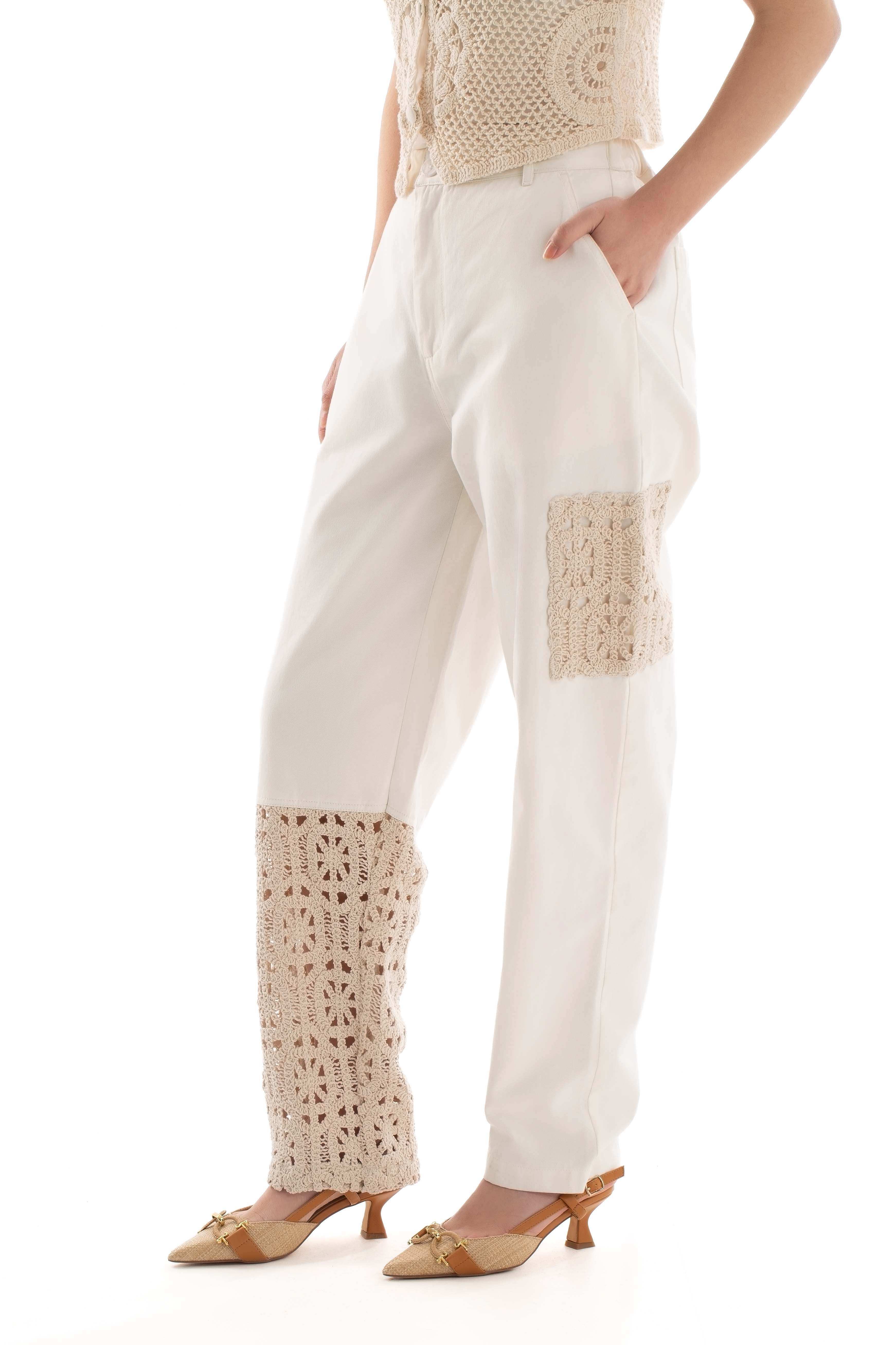 Straight Cotton Pants with Crochet Insets