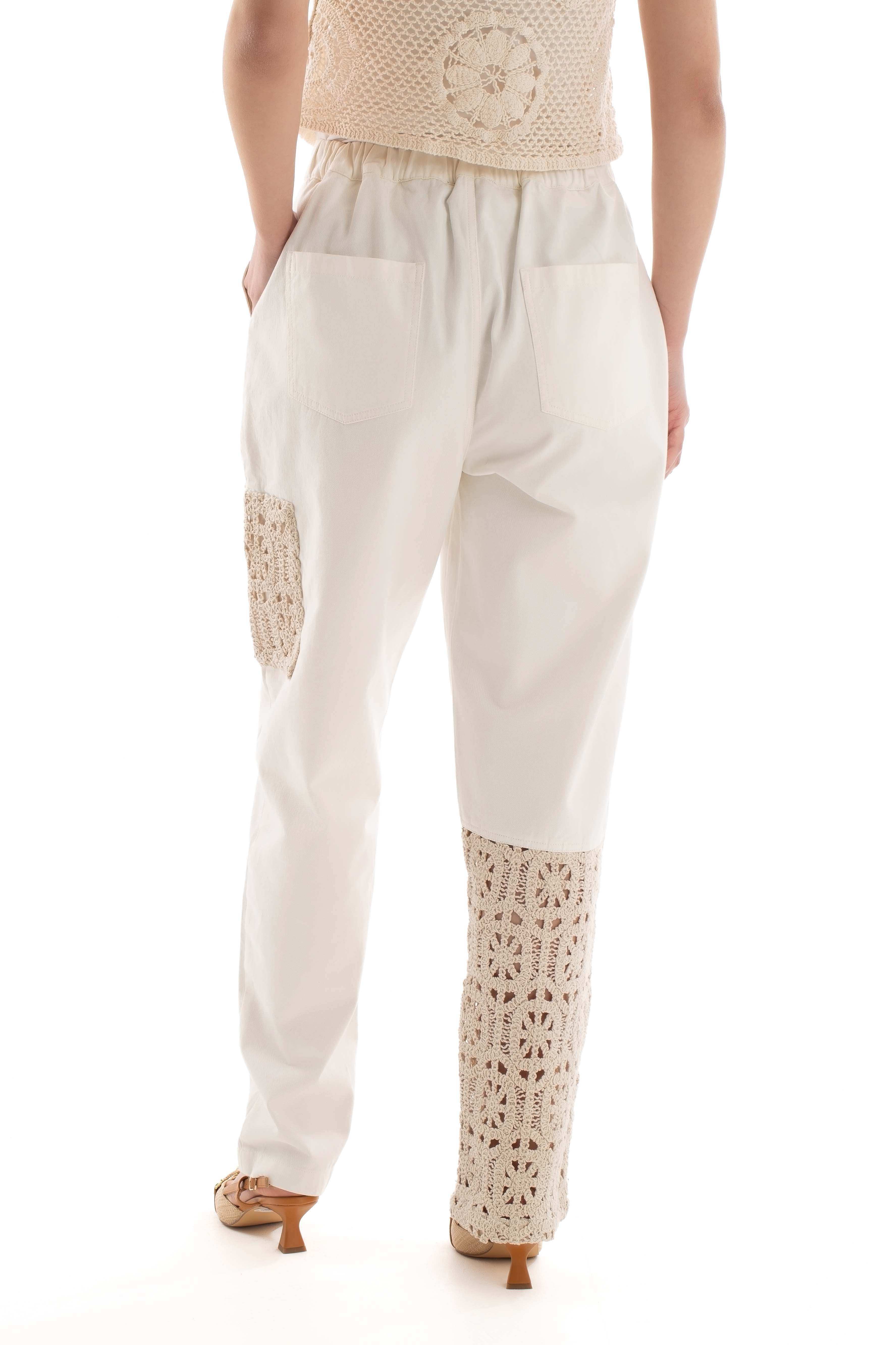 Straight Cotton Pants with Crochet Insets