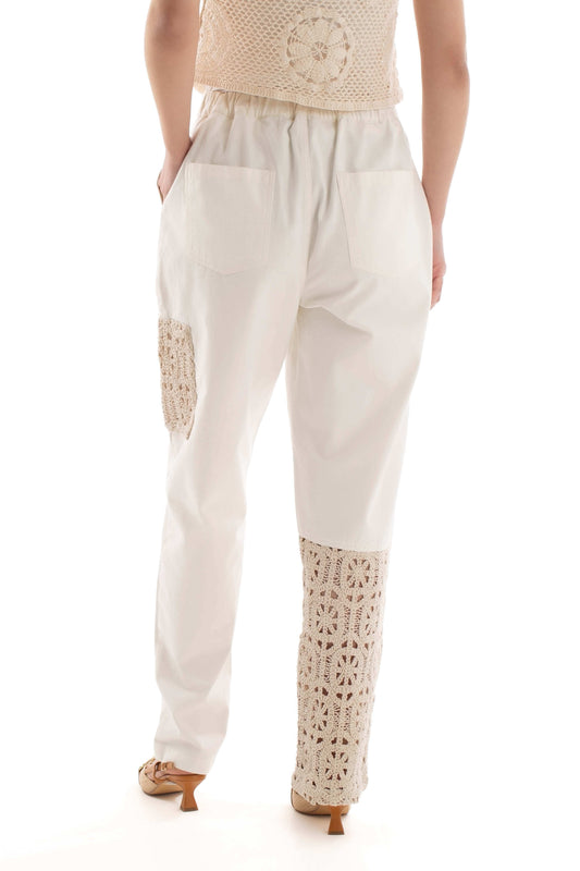 Straight Cotton Pants with Crochet Insets