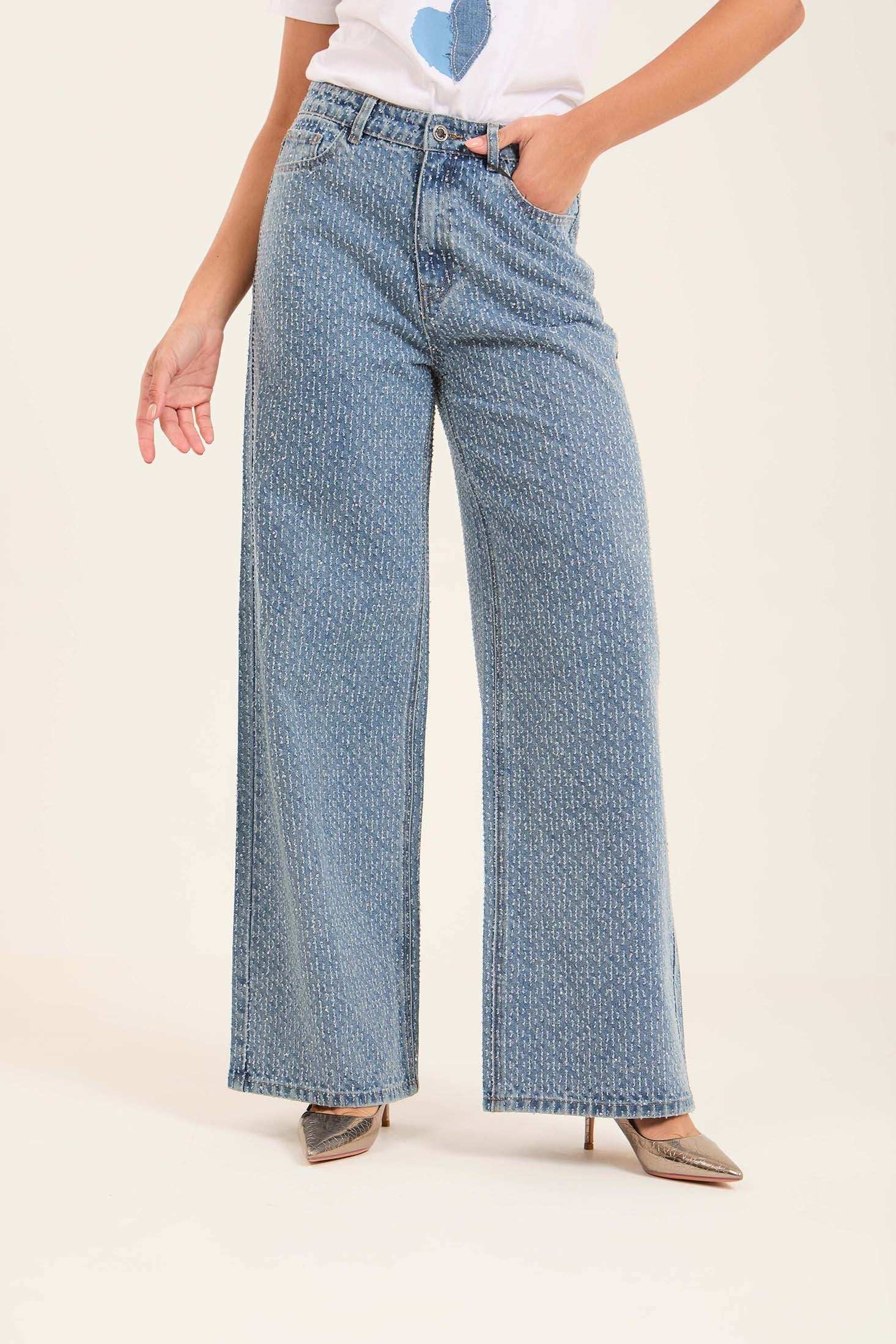 Allover Micro-Print Wide-Leg Jeans