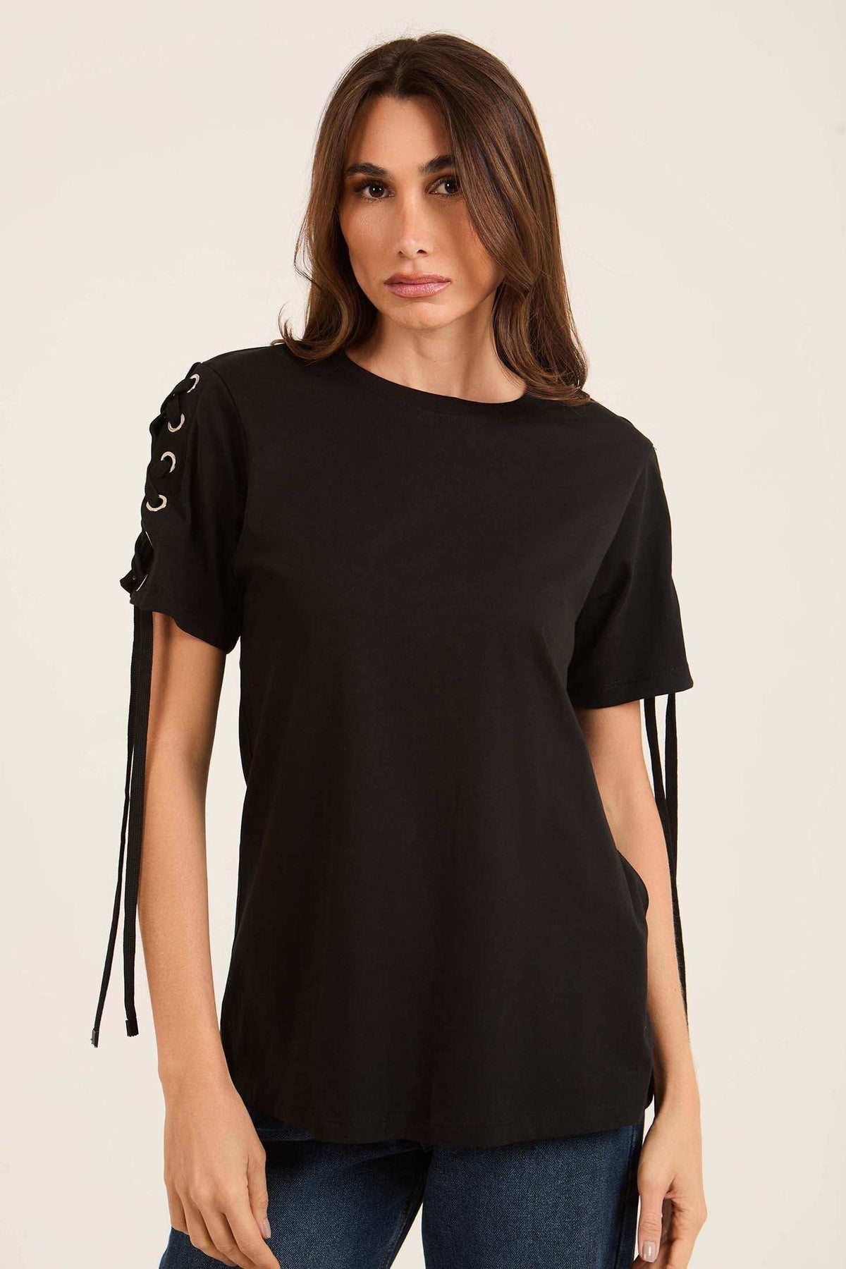 Cotton Tee with Lace-Up Eyelet Details Sleeves