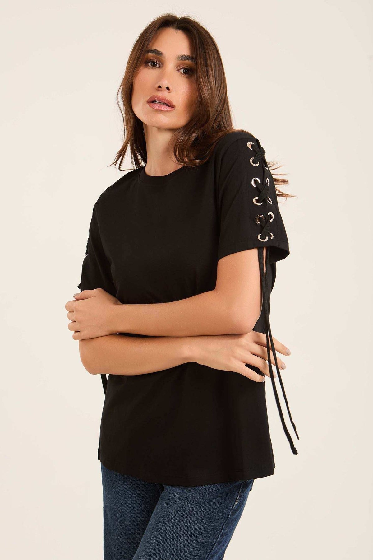 Cotton Tee with Lace-Up Eyelet Details Sleeves