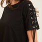 Cotton Tee with Lace-Up Eyelet Details Sleeves