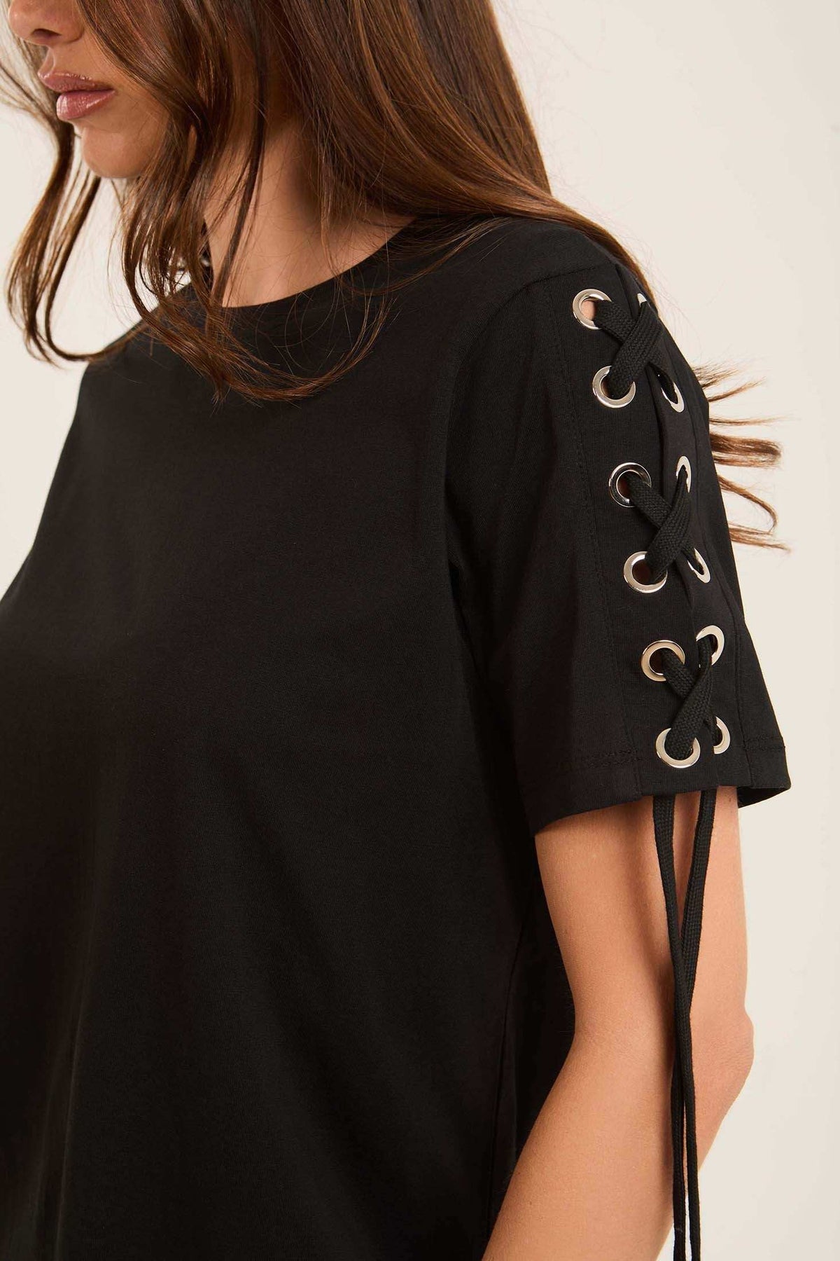 Cotton Tee with Lace-Up Eyelet Details Sleeves