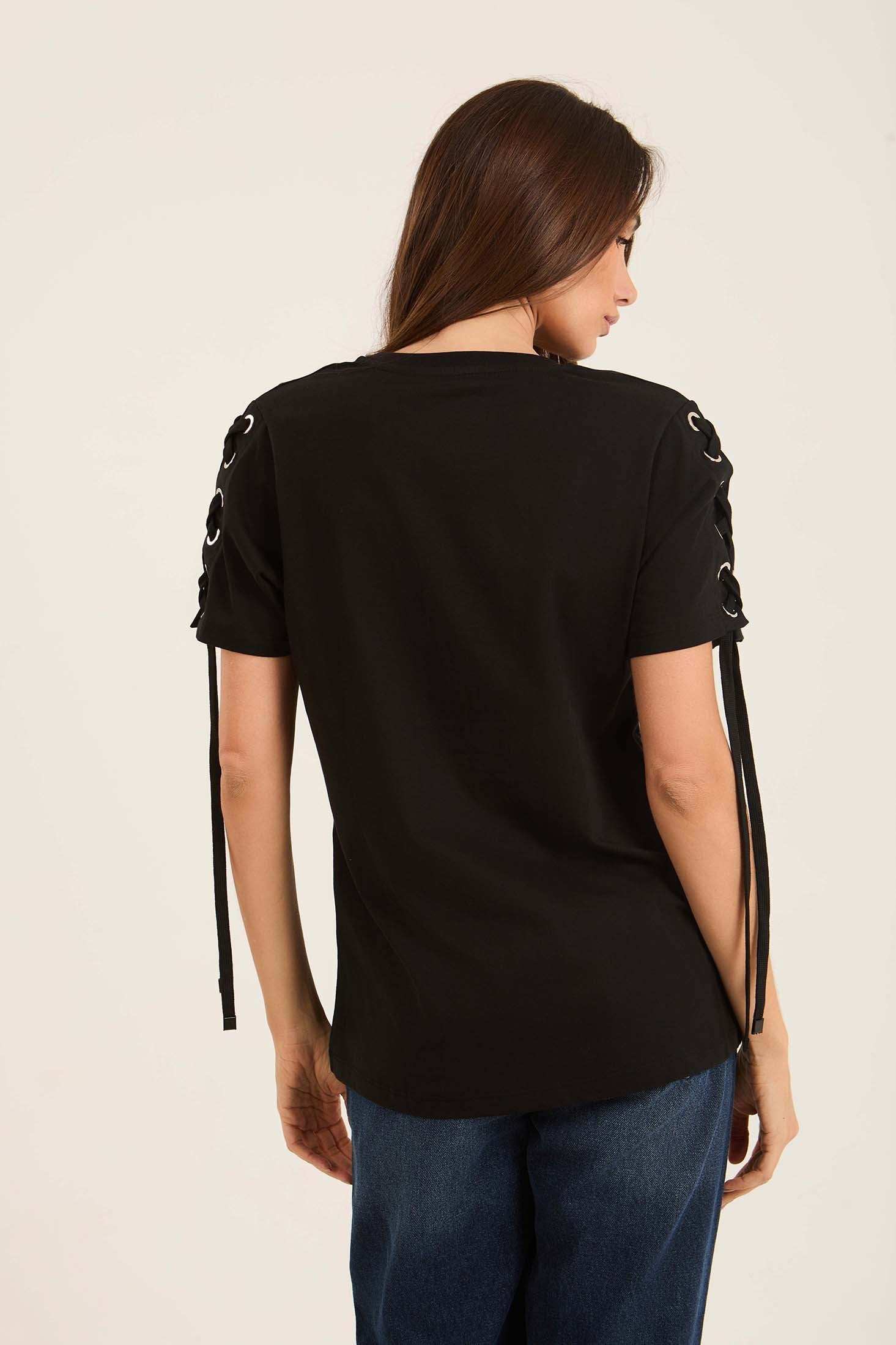 Cotton Tee with Lace-Up Eyelet Details Sleeves