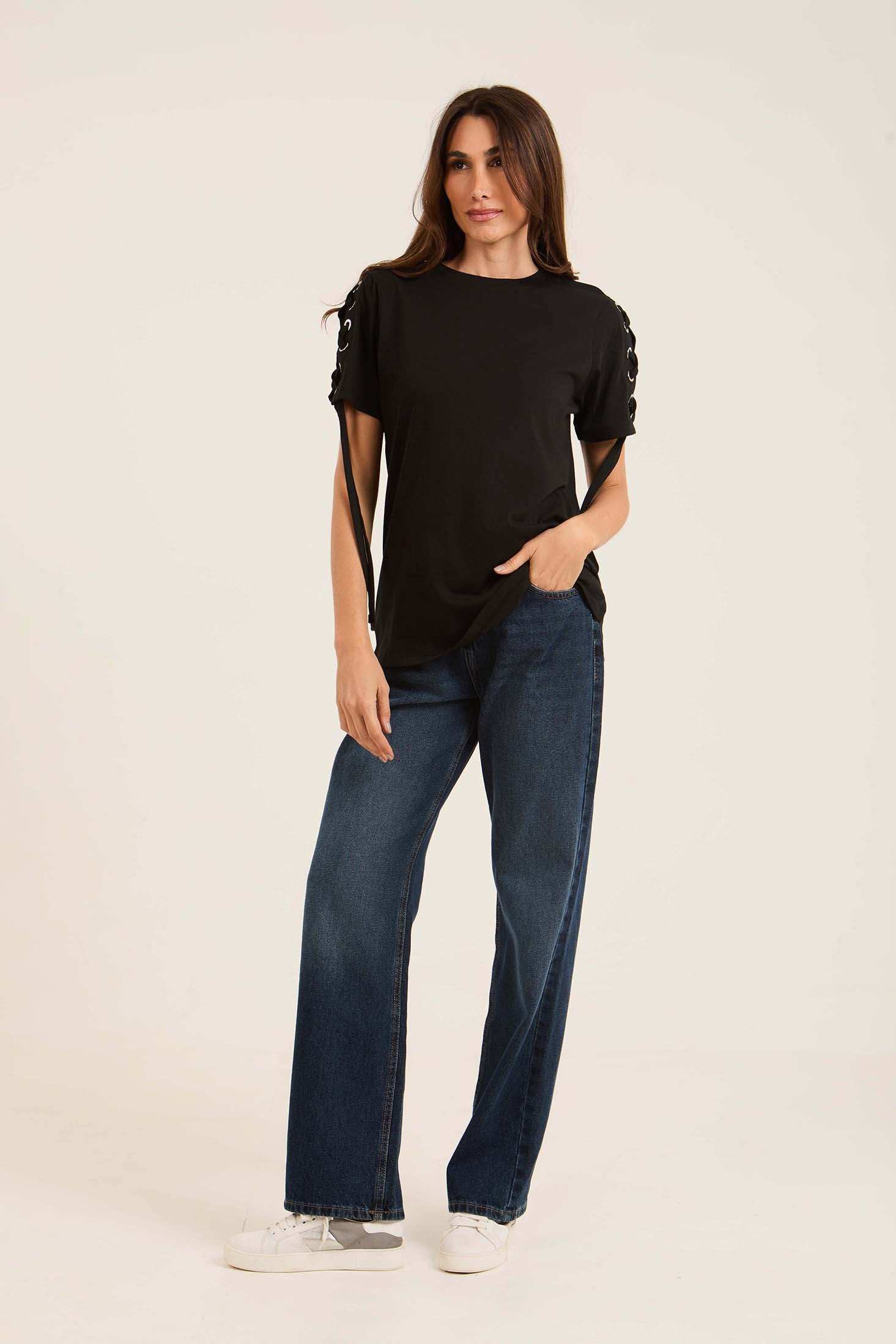 Cotton Tee with Lace-Up Eyelet Details Sleeves