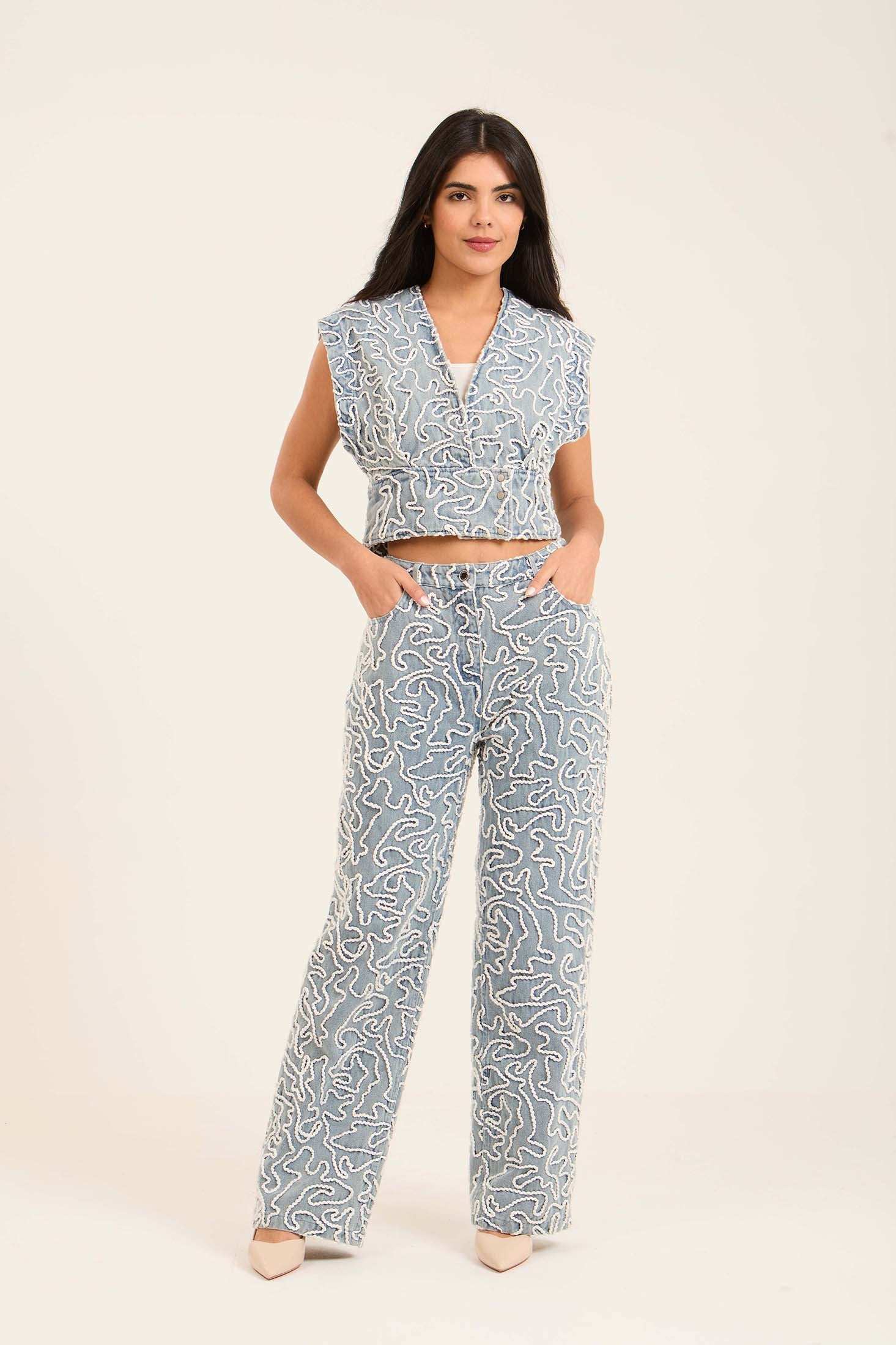 Patterned Denim Pants Detailed in Textured Stitch