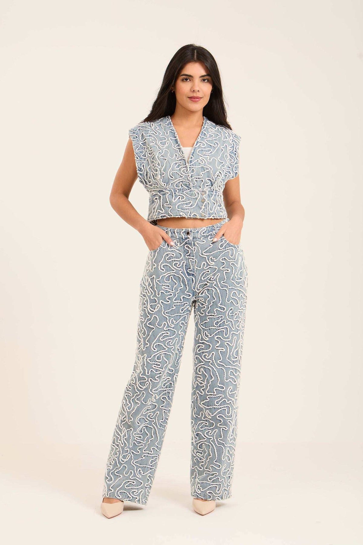 Patterned Denim Pants Detailed in Textured Stitch