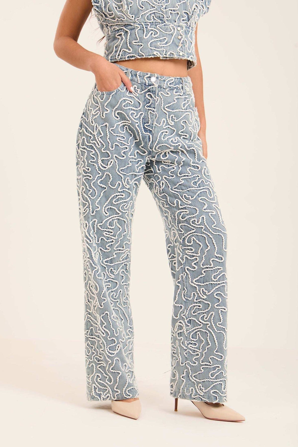 Patterned Denim Pants Detailed in Textured Stitch