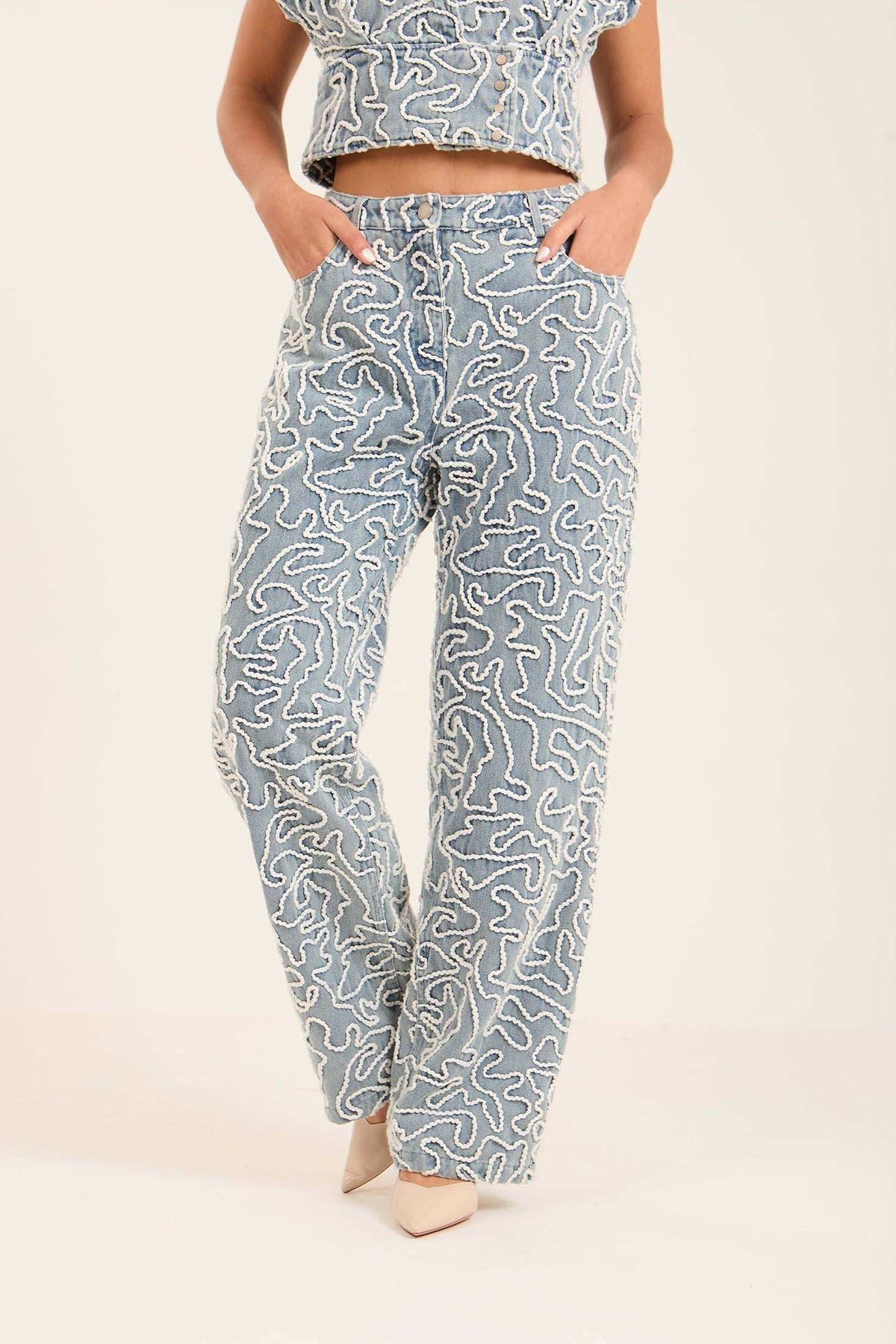 Patterned Denim Pants Detailed in Textured Stitch