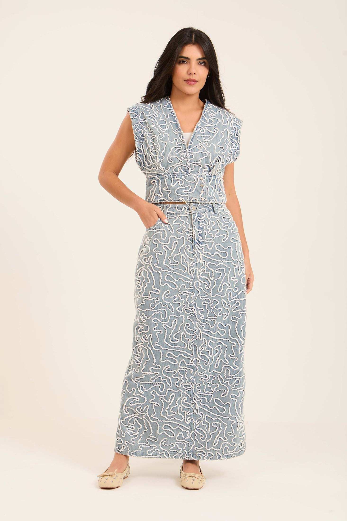 Stitched Squiggle Pattern A-Line Denim Skirt