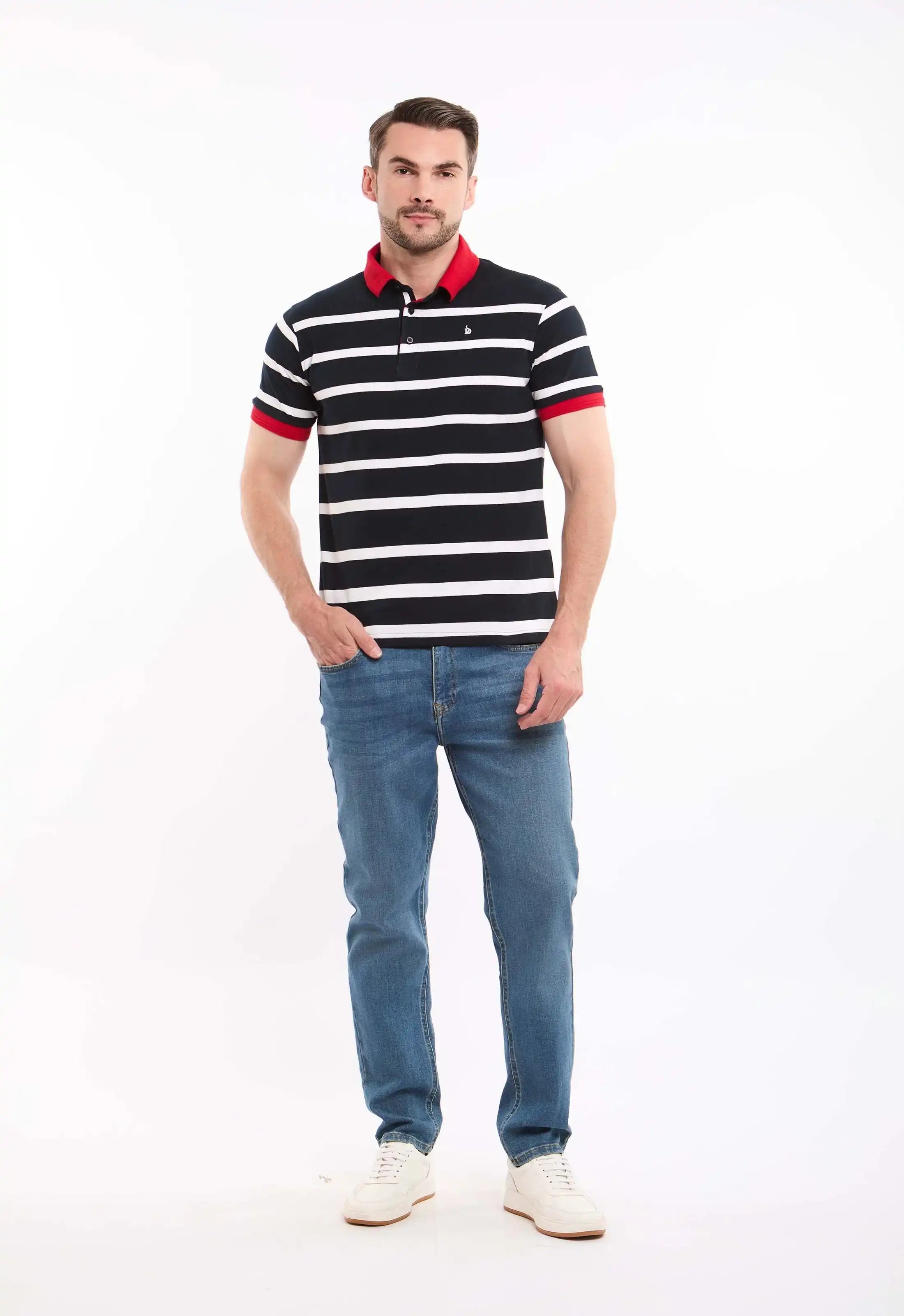 Elegant Striped Polo Shirt with Different Collar