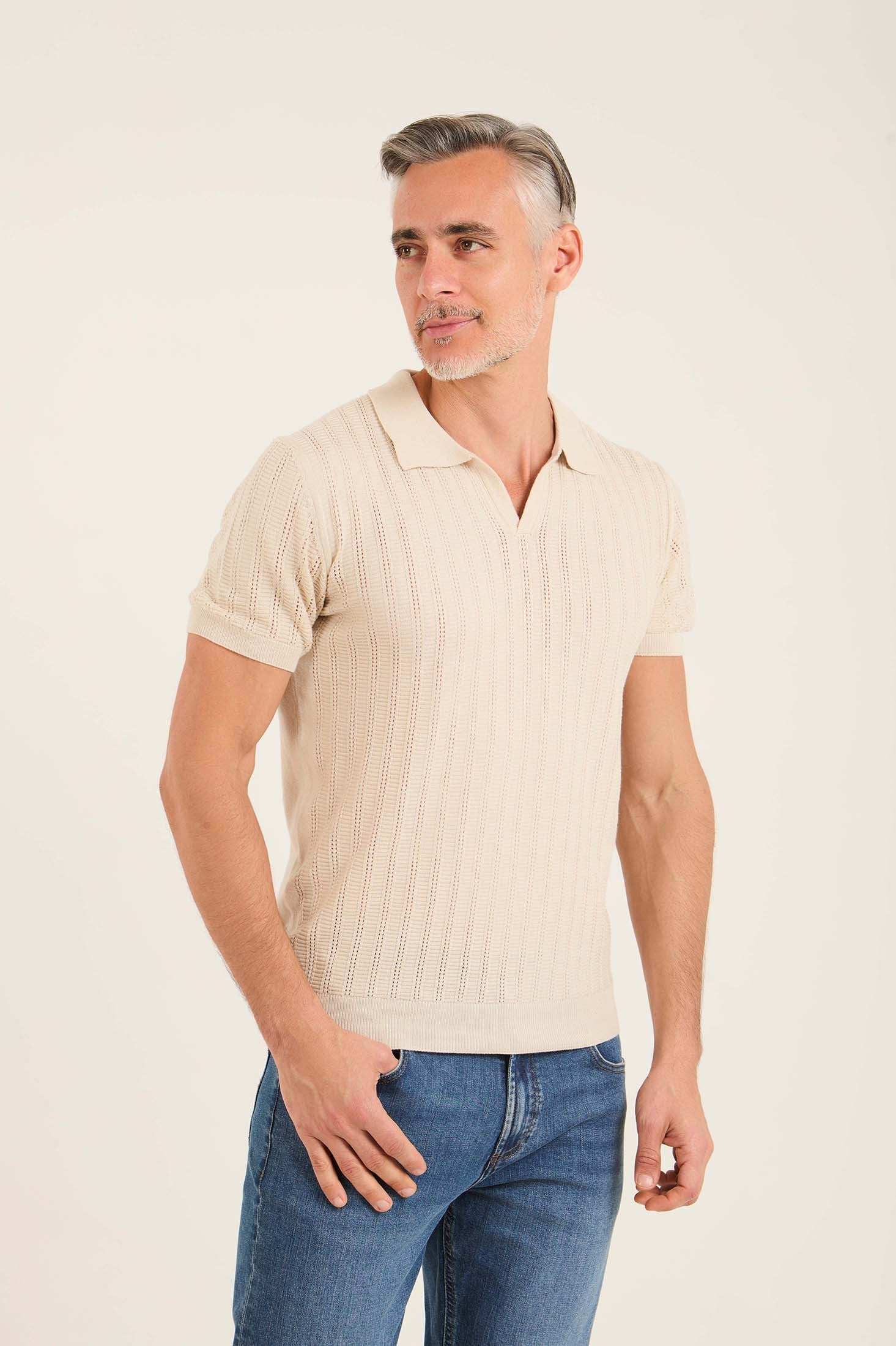 Perforated Striped Slip On Polo Shirt