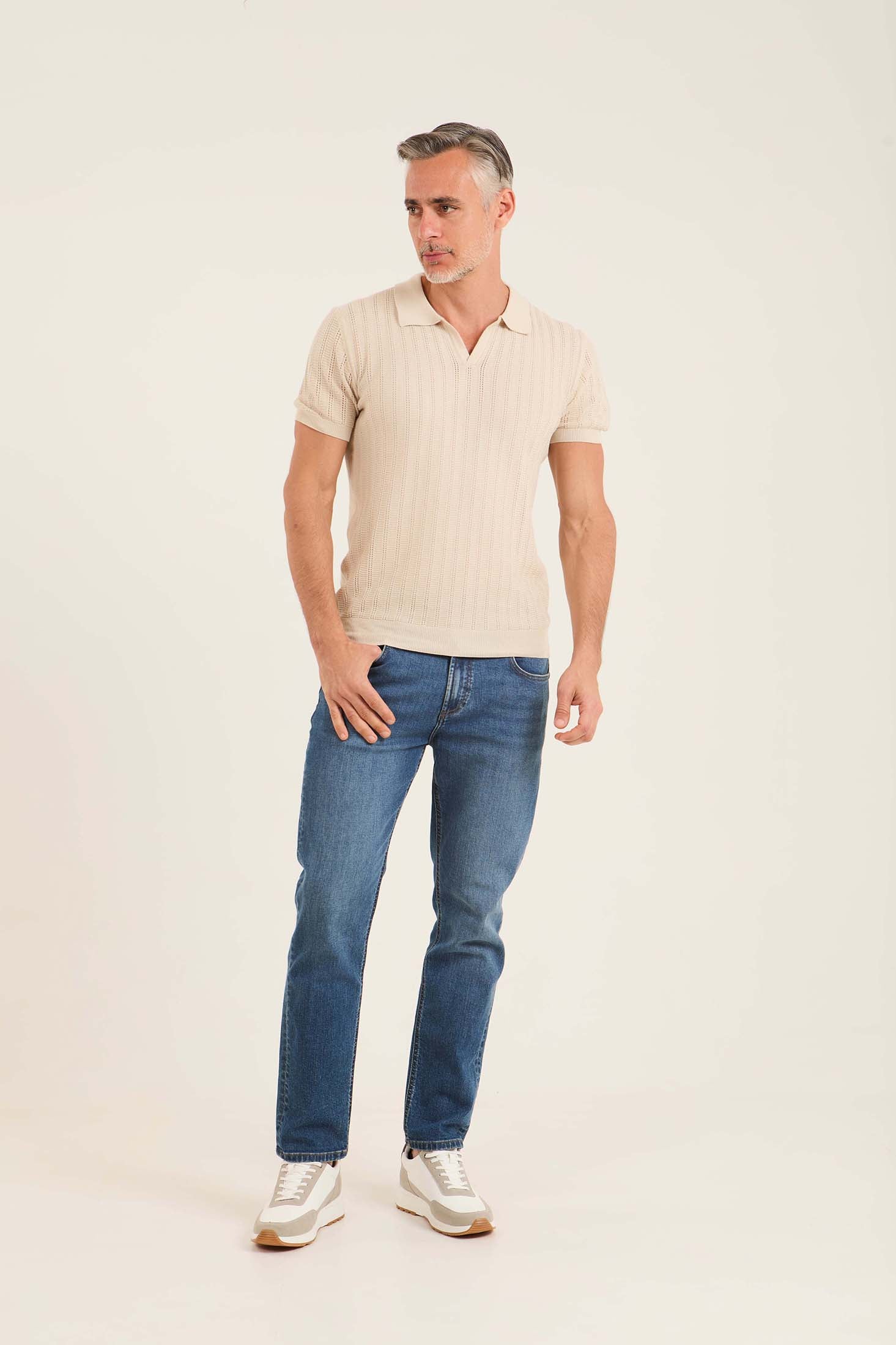 Perforated Striped Slip On Polo Shirt