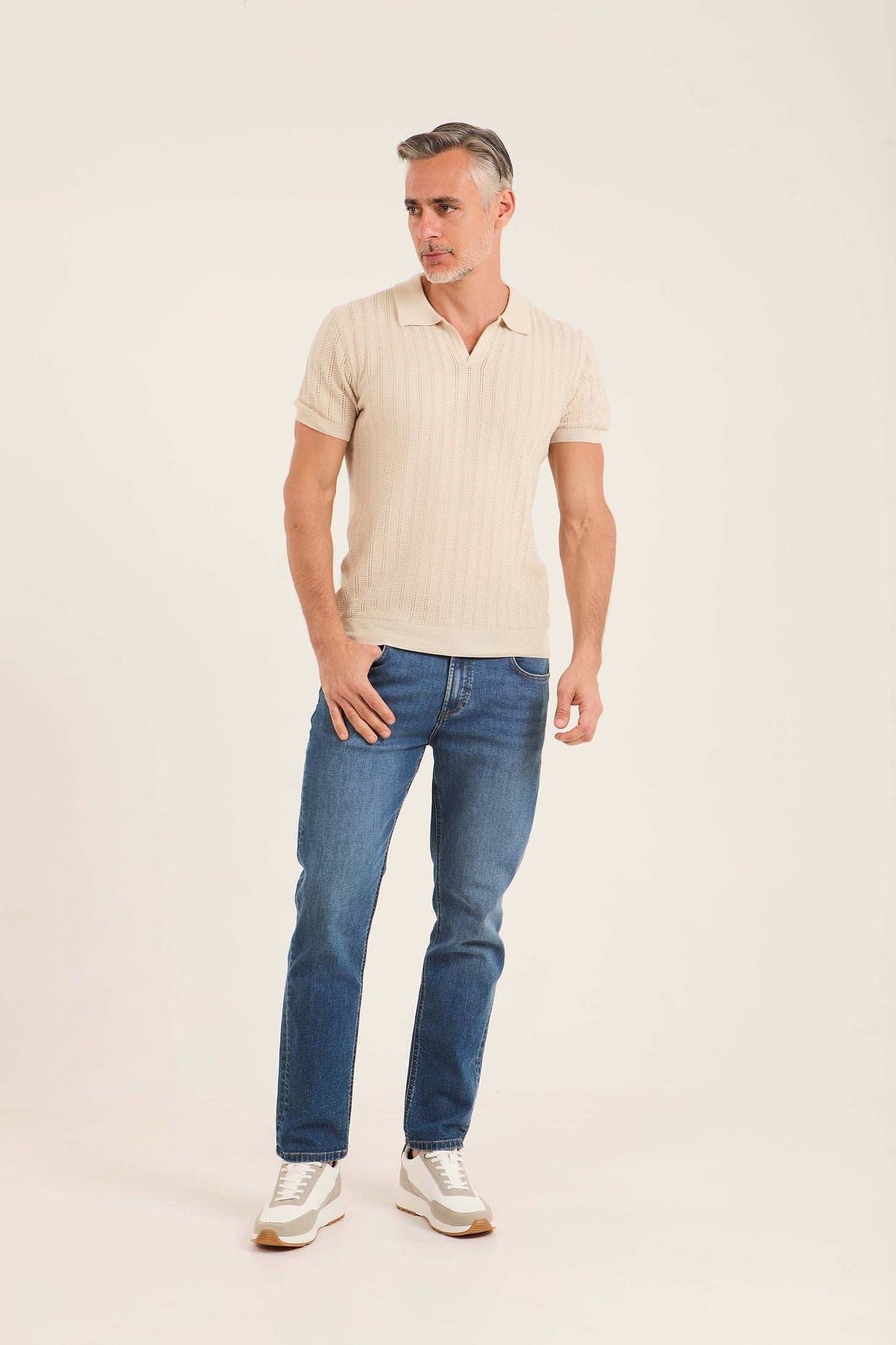Perforated Striped Slip On Polo Shirt