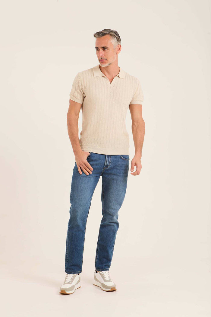 Perforated Striped Slip On Polo Shirt