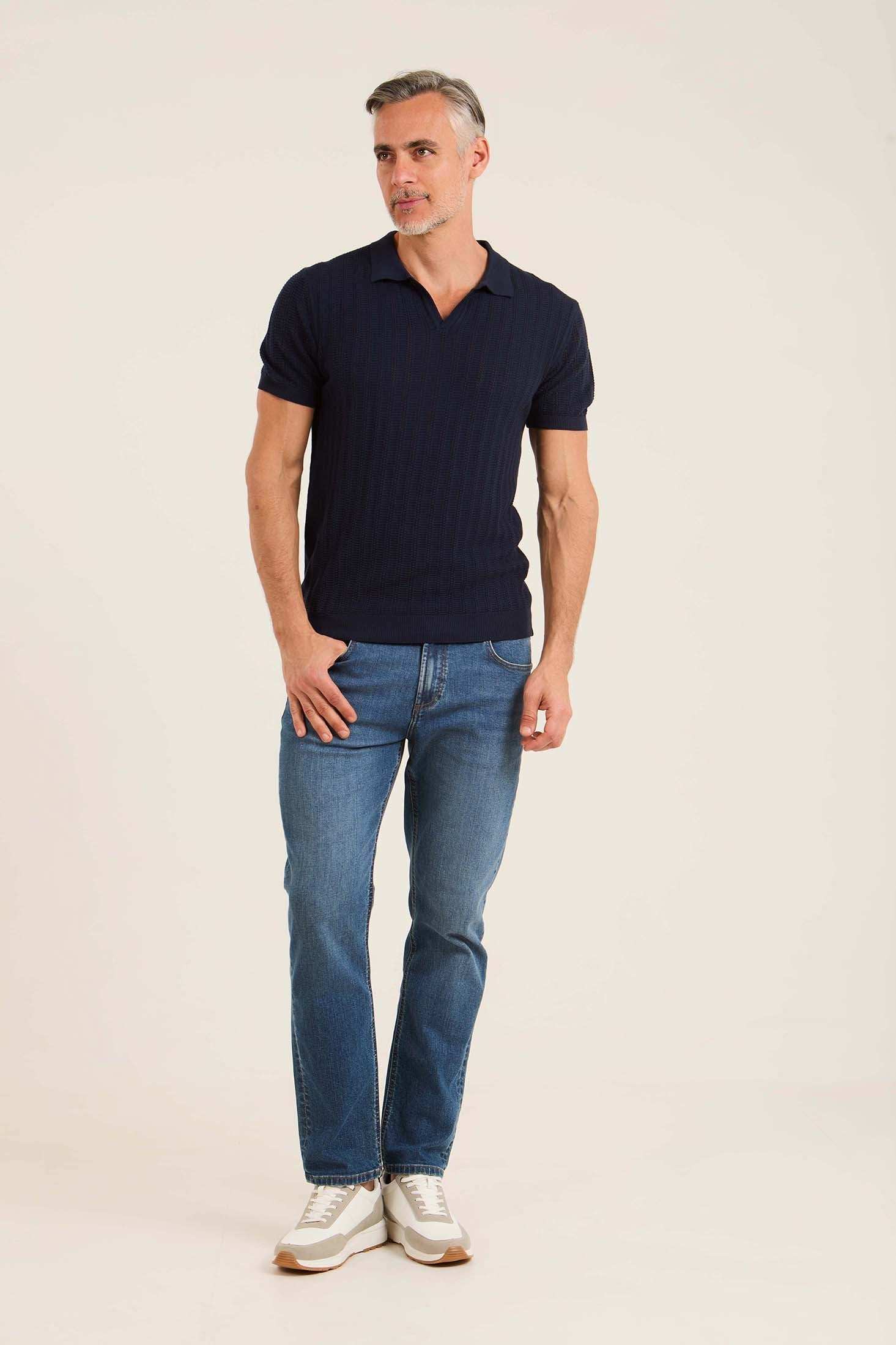Perforated Striped Slip On Polo Shirt