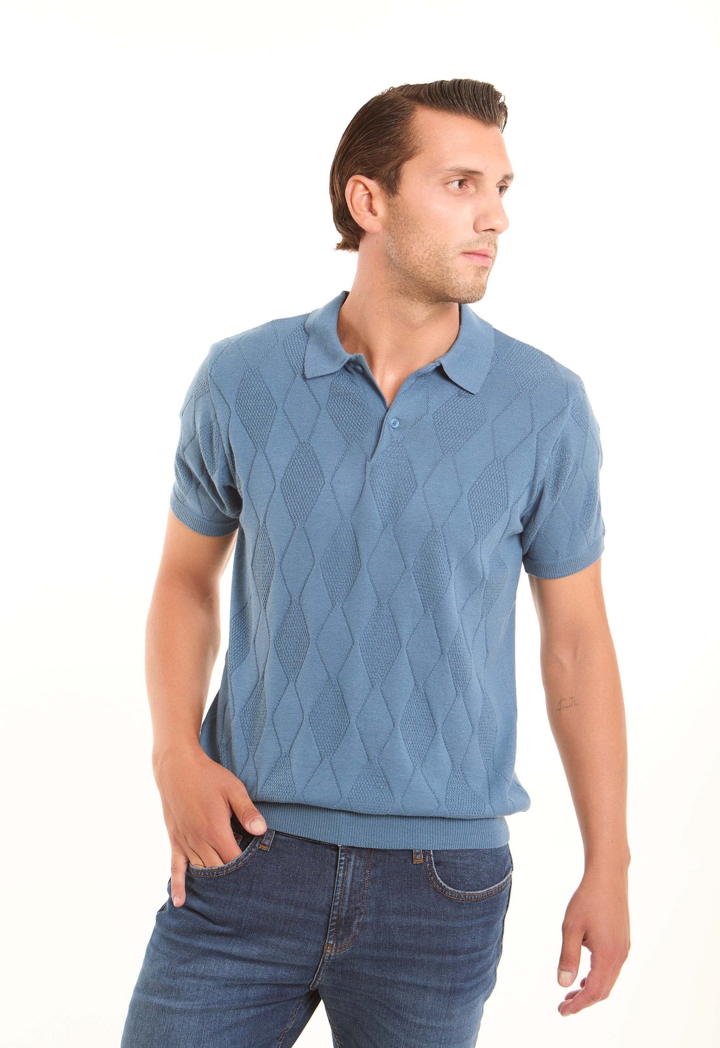 Diamonds Pattern Buttoned Polo Shirt with Hem