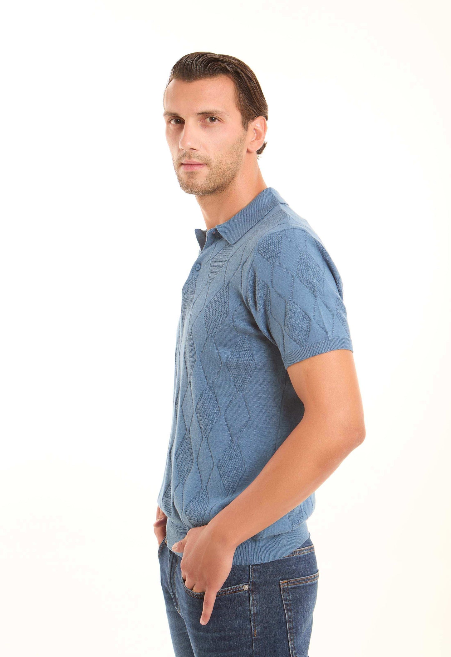 Diamonds Pattern Buttoned Polo Shirt with Hem