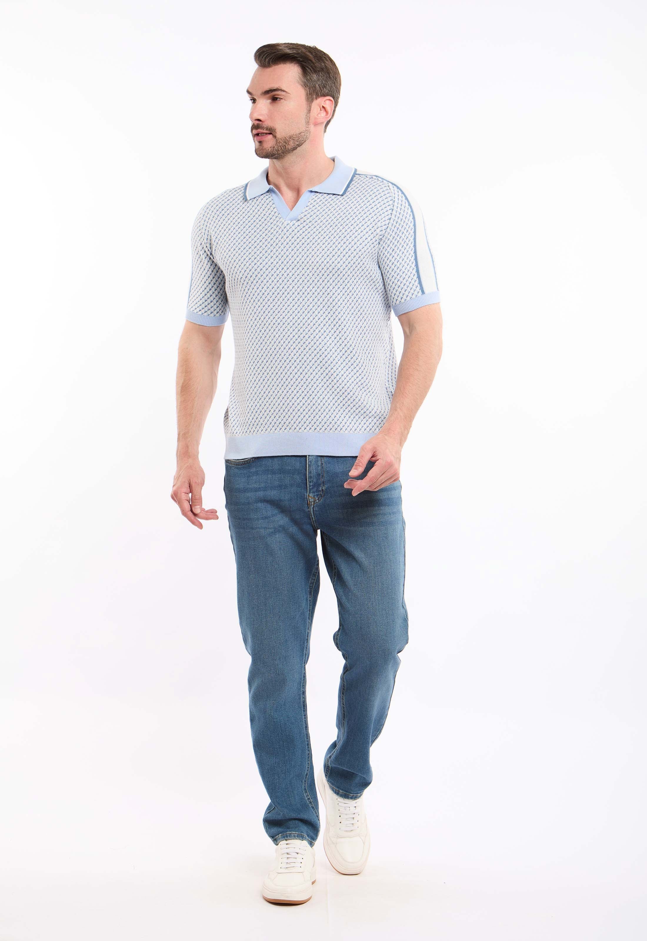 Geometric Pattern Open Neck Polo Shirt