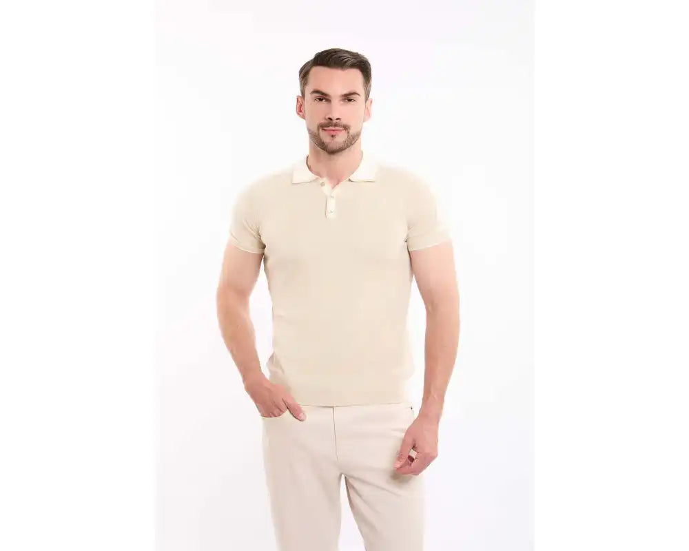 Solid Tricote Buttoned Neck Polo Shirt