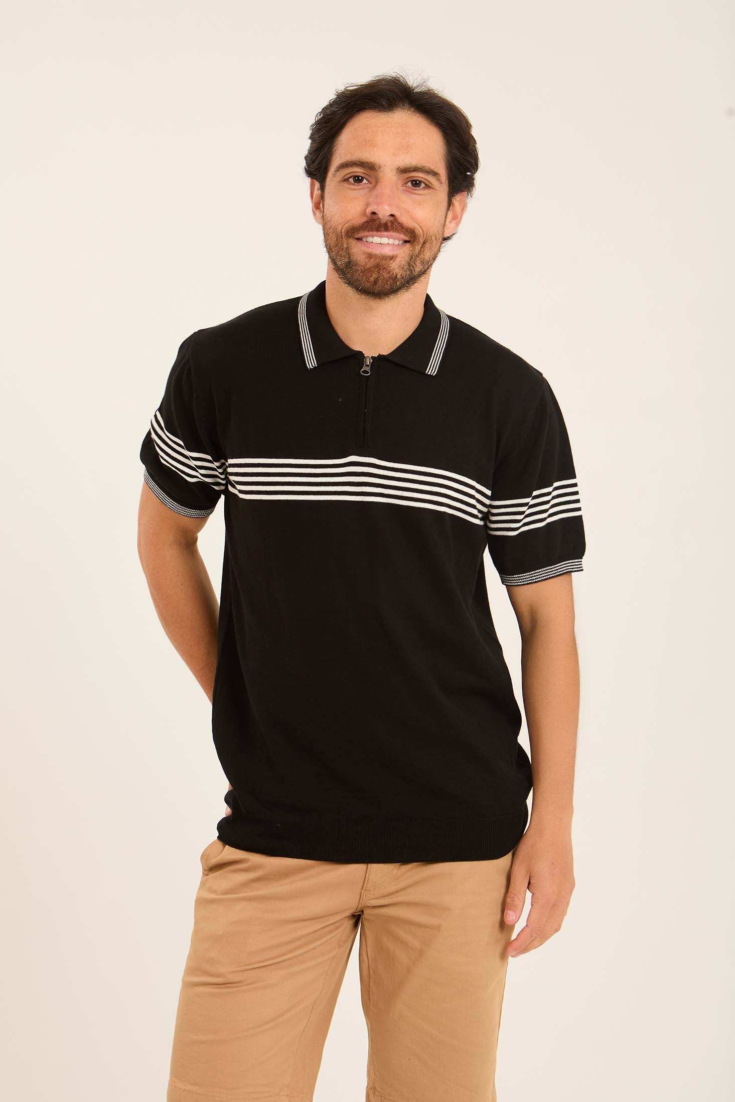 Casual Striped Chest Zipped Polo Shirt