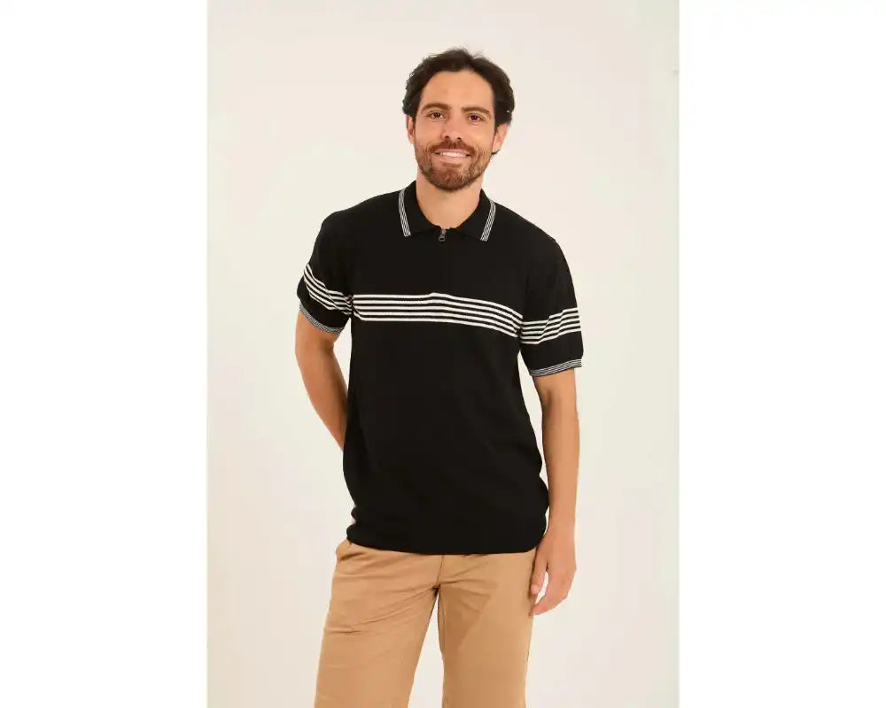 Casual Striped Chest Zipped Polo Shirt