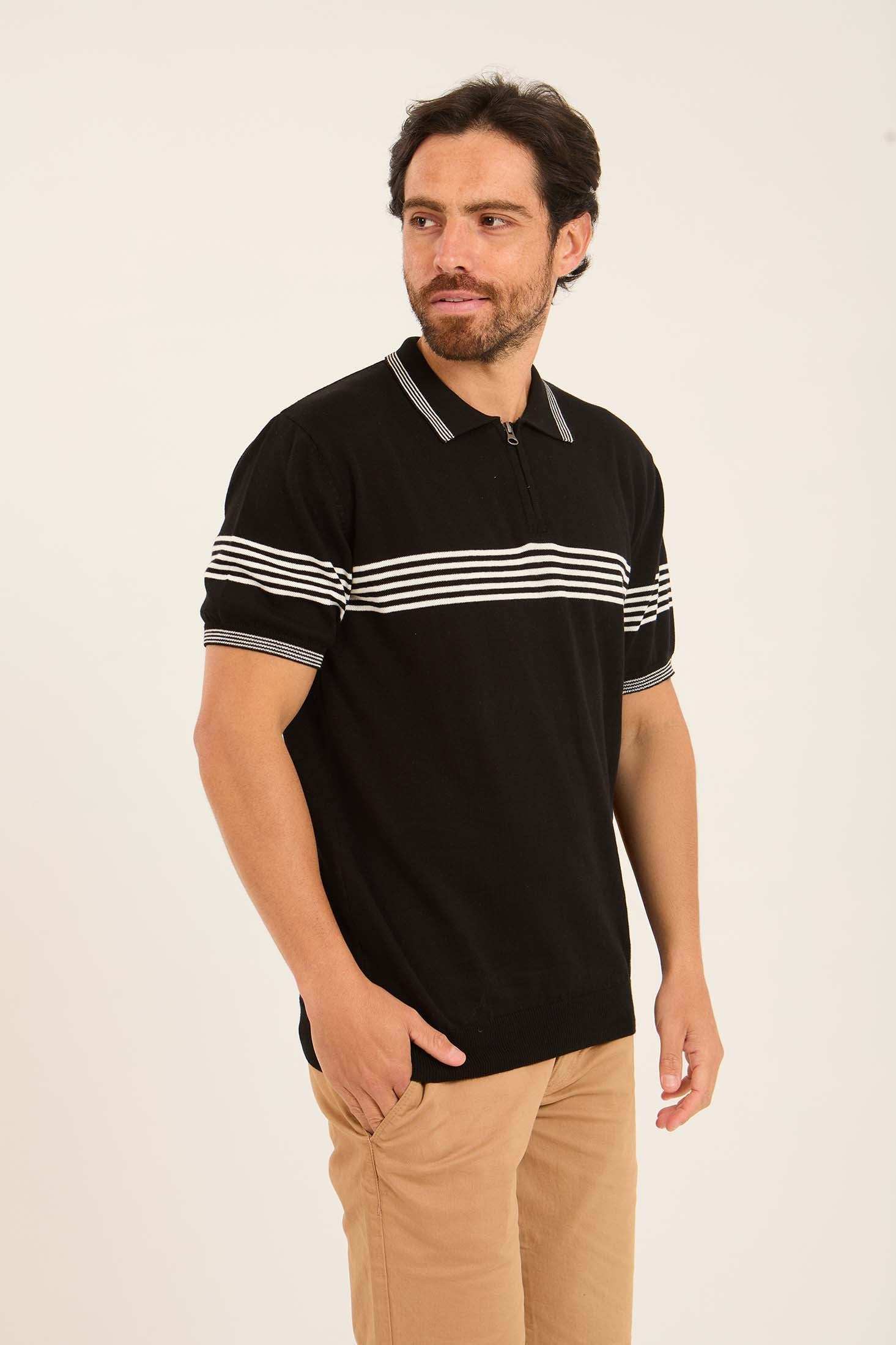 Casual Striped Chest Zipped Polo Shirt