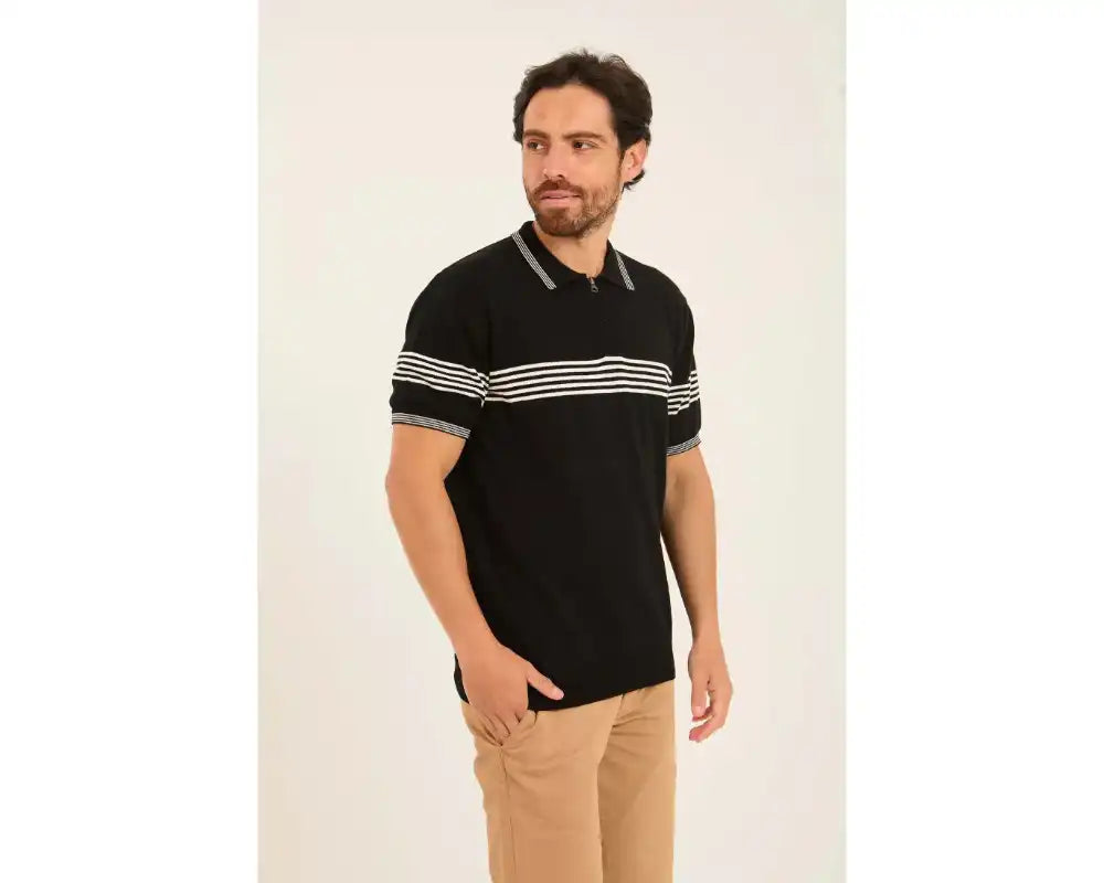 Casual Striped Chest Zipped Polo Shirt