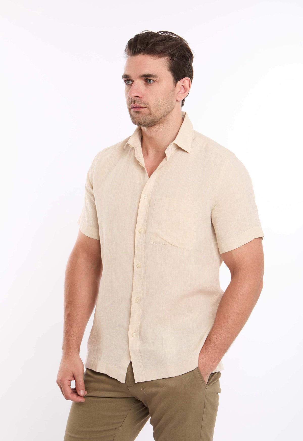 Textured Linen Short Sleeves Shirt with Pocket