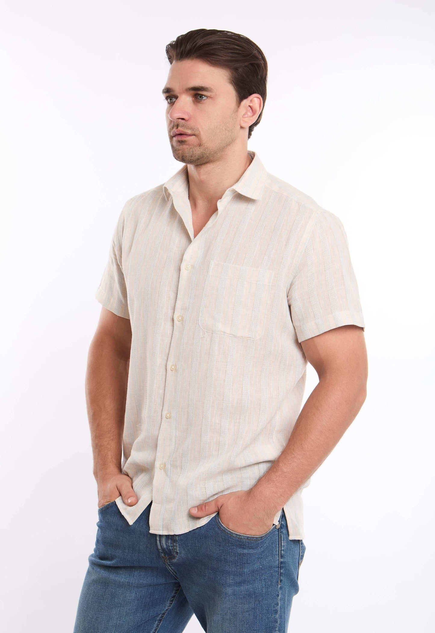 Short Sleeves Striped Shirt with Front Pocket