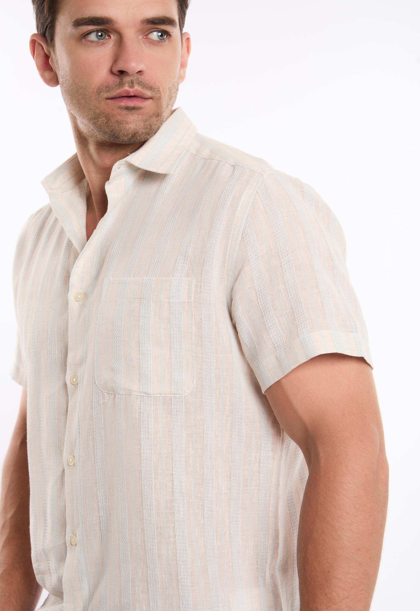 Short Sleeves Striped Shirt with Front Pocket