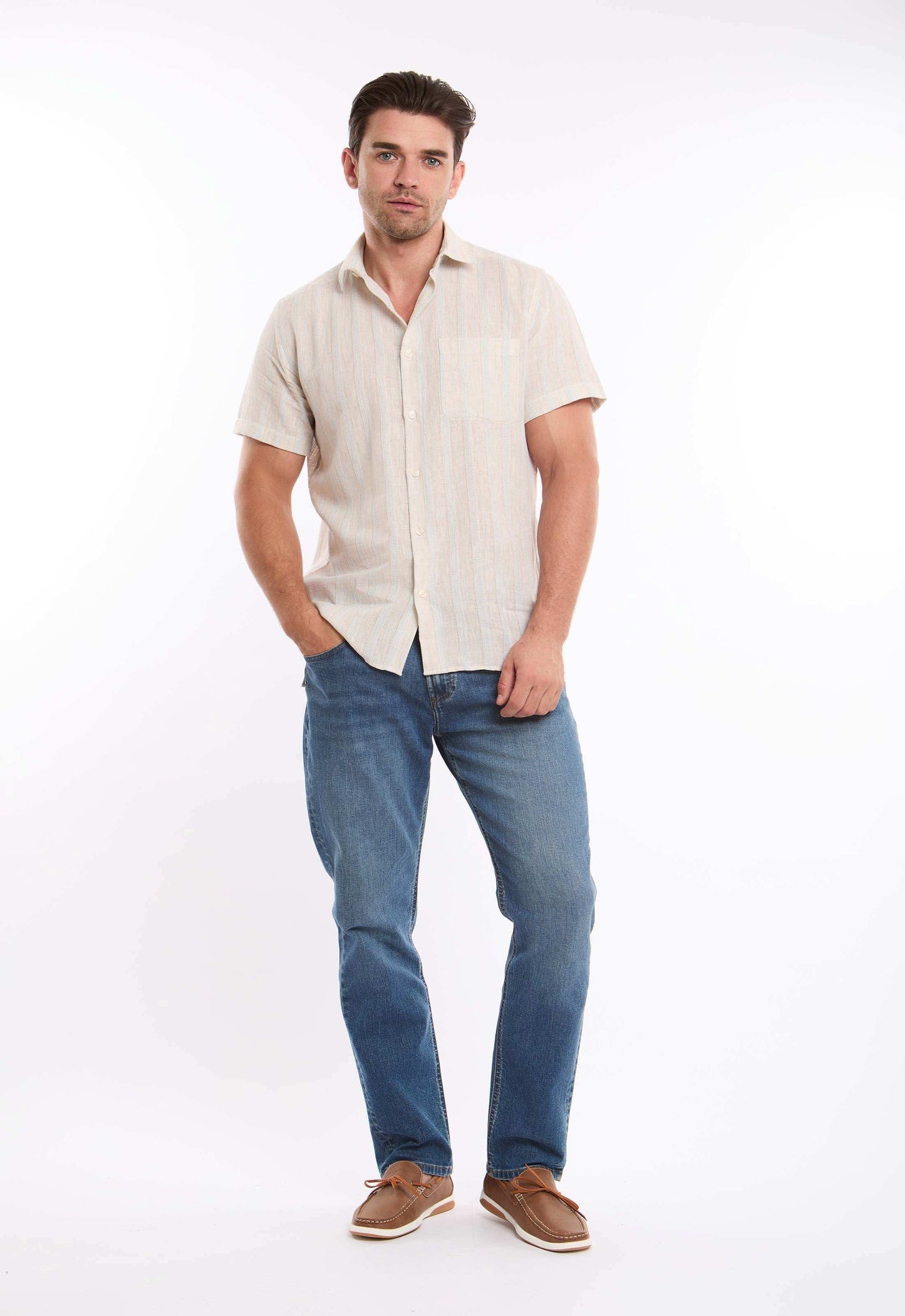 Short Sleeves Striped Shirt with Front Pocket