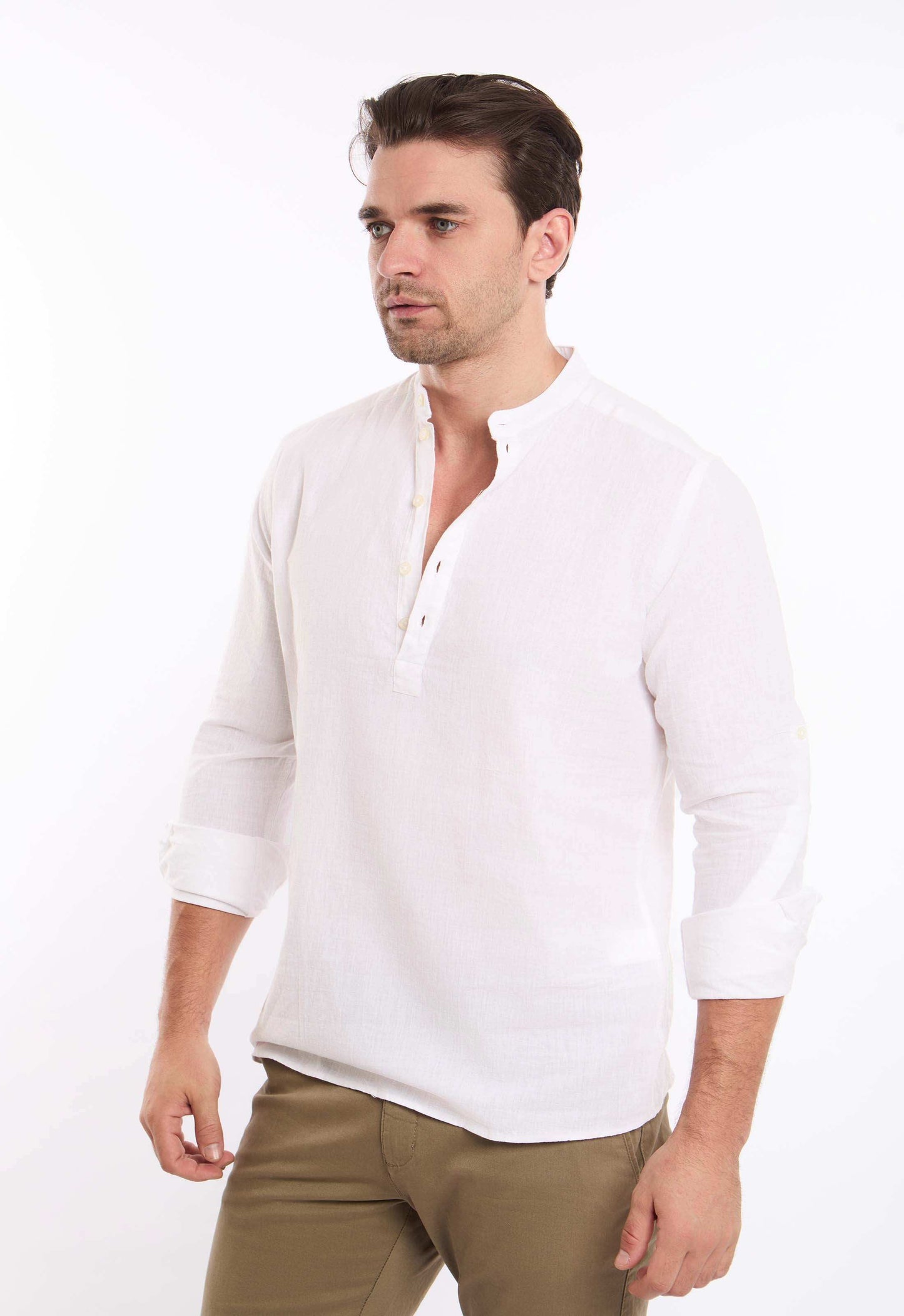 قميص قطن بياقة مندراين وأزرار