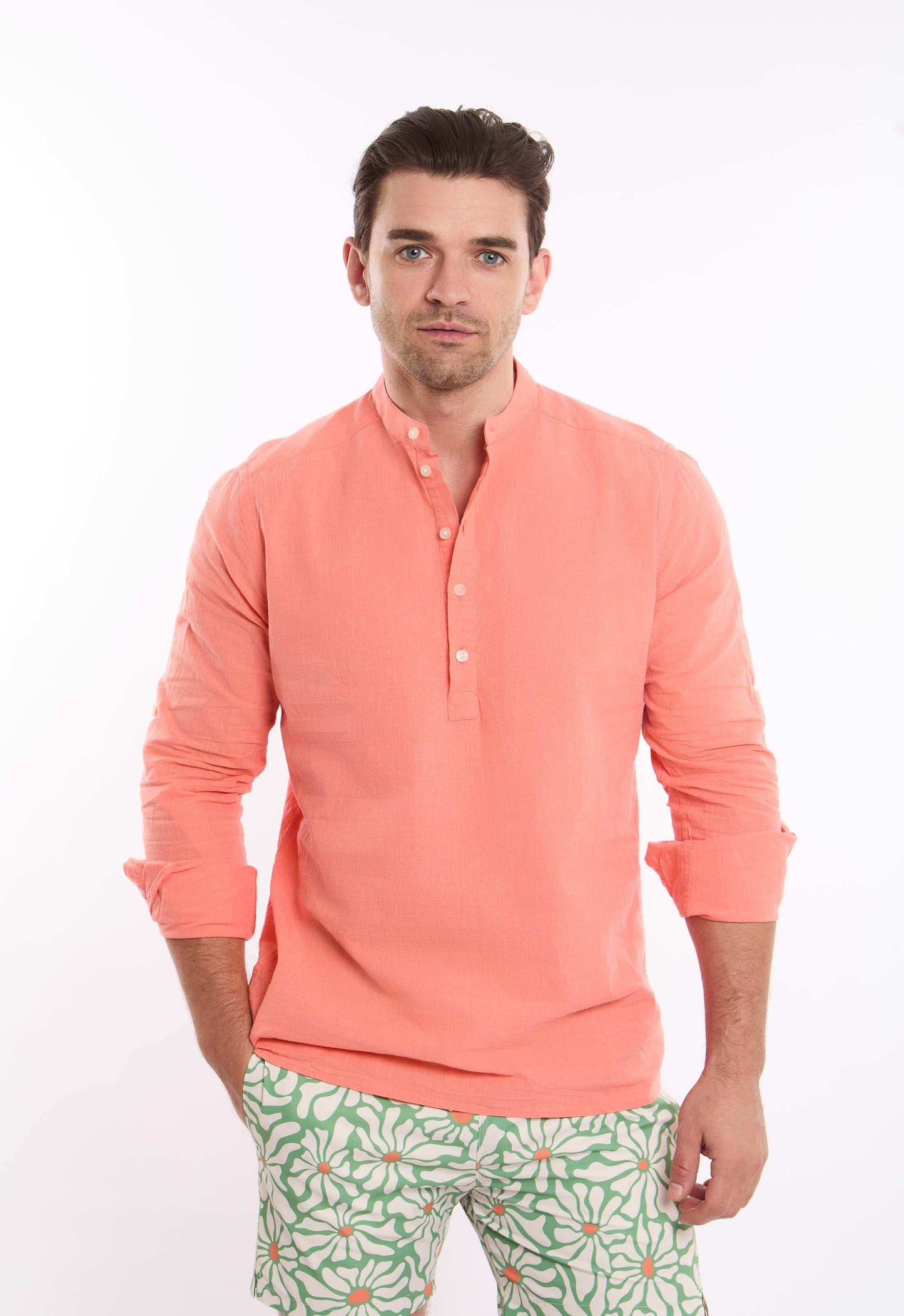 Half Buttons Mandarin Collar Cotton Shirt