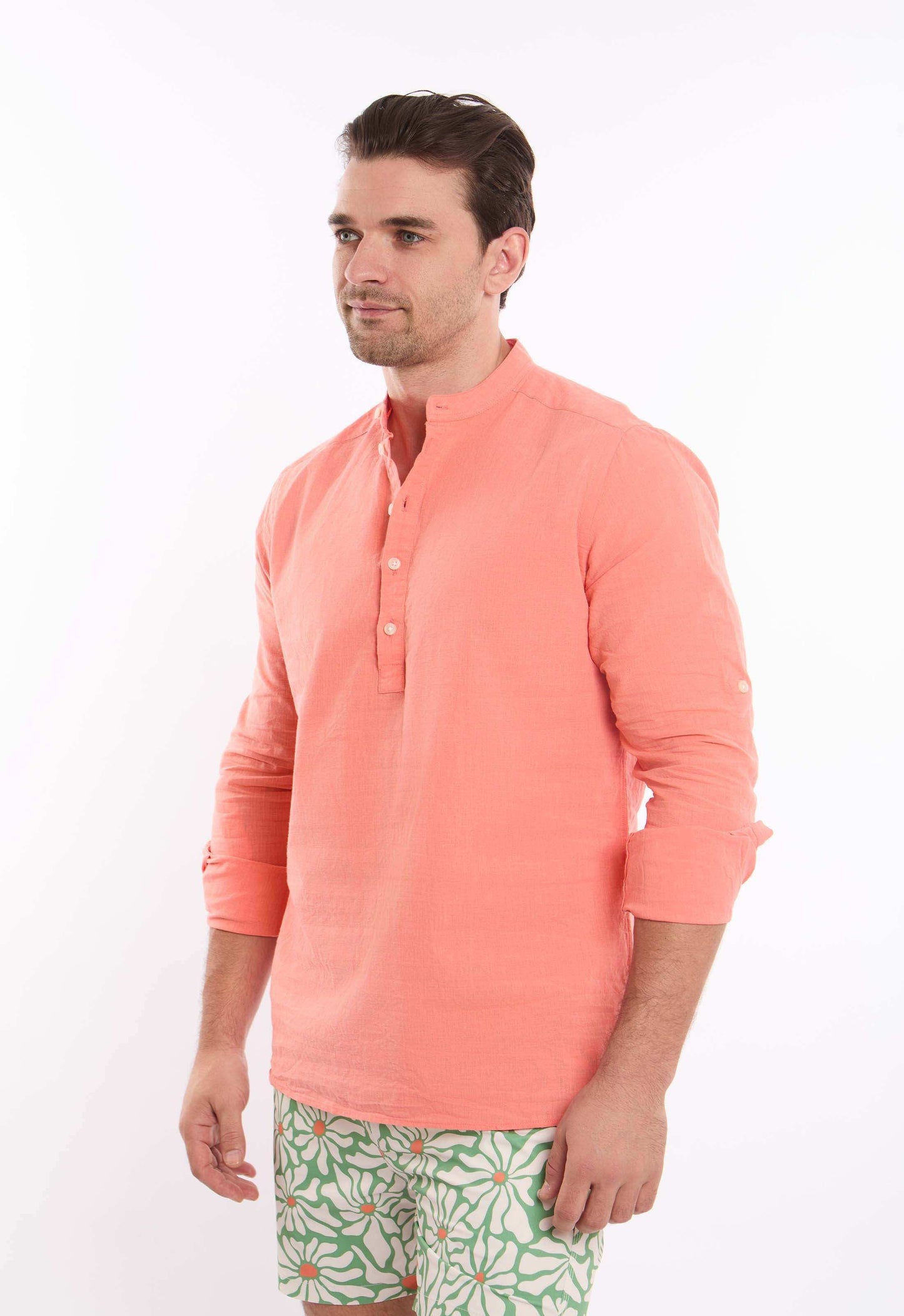 Half Buttons Mandarin Collar Cotton Shirt