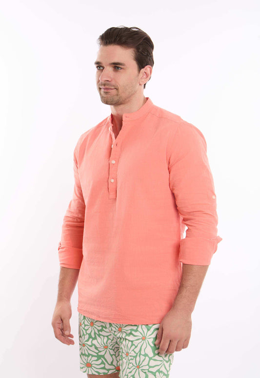 Half Buttons Mandarin Collar Cotton Shirt