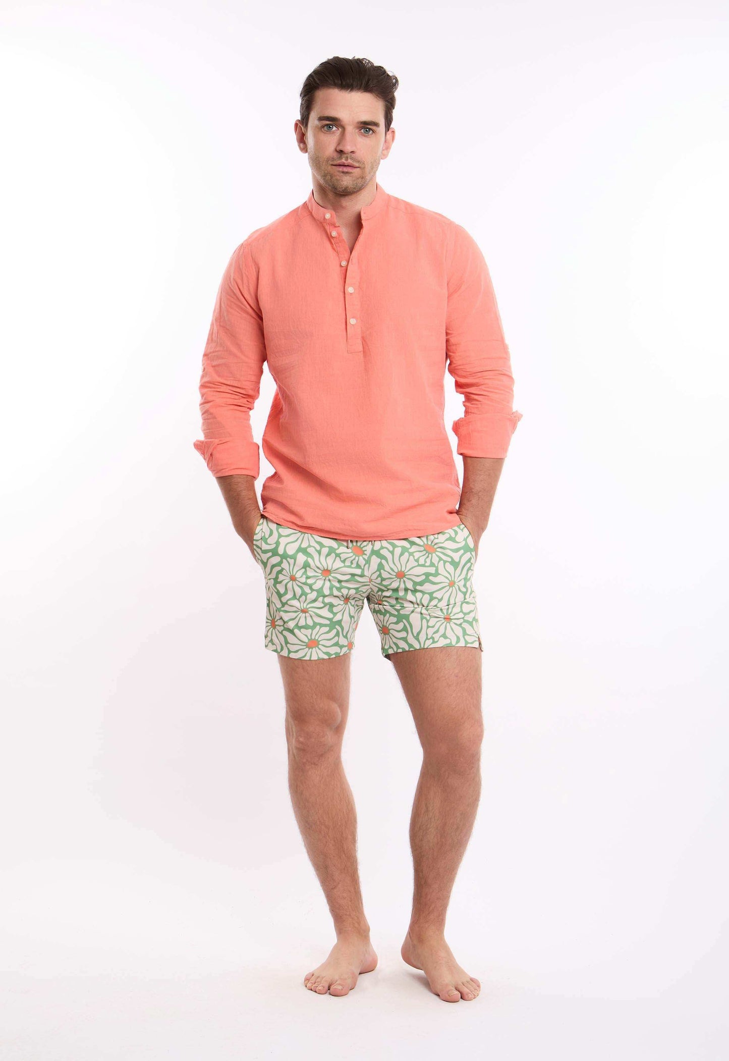 Half Buttons Mandarin Collar Cotton Shirt