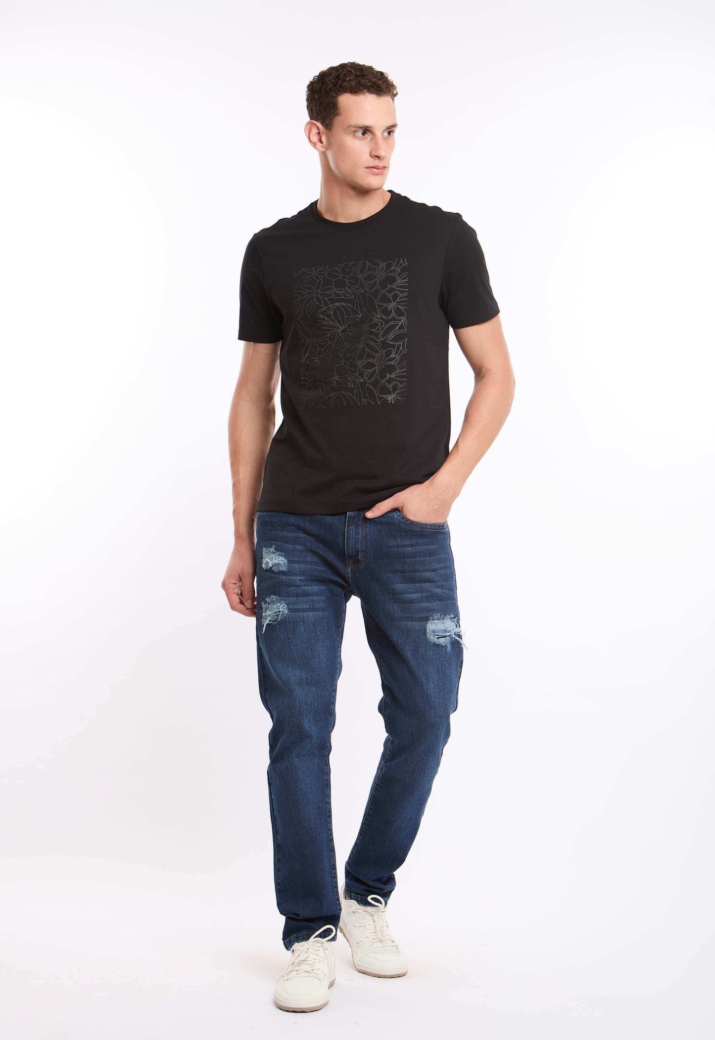 Crew Neck Mix Tee with Floral Print