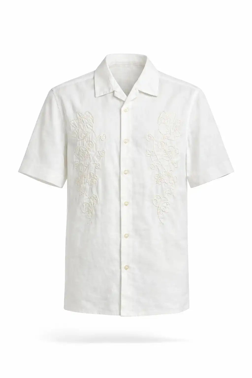 White short-sleeve shirt with embroidery on a white background