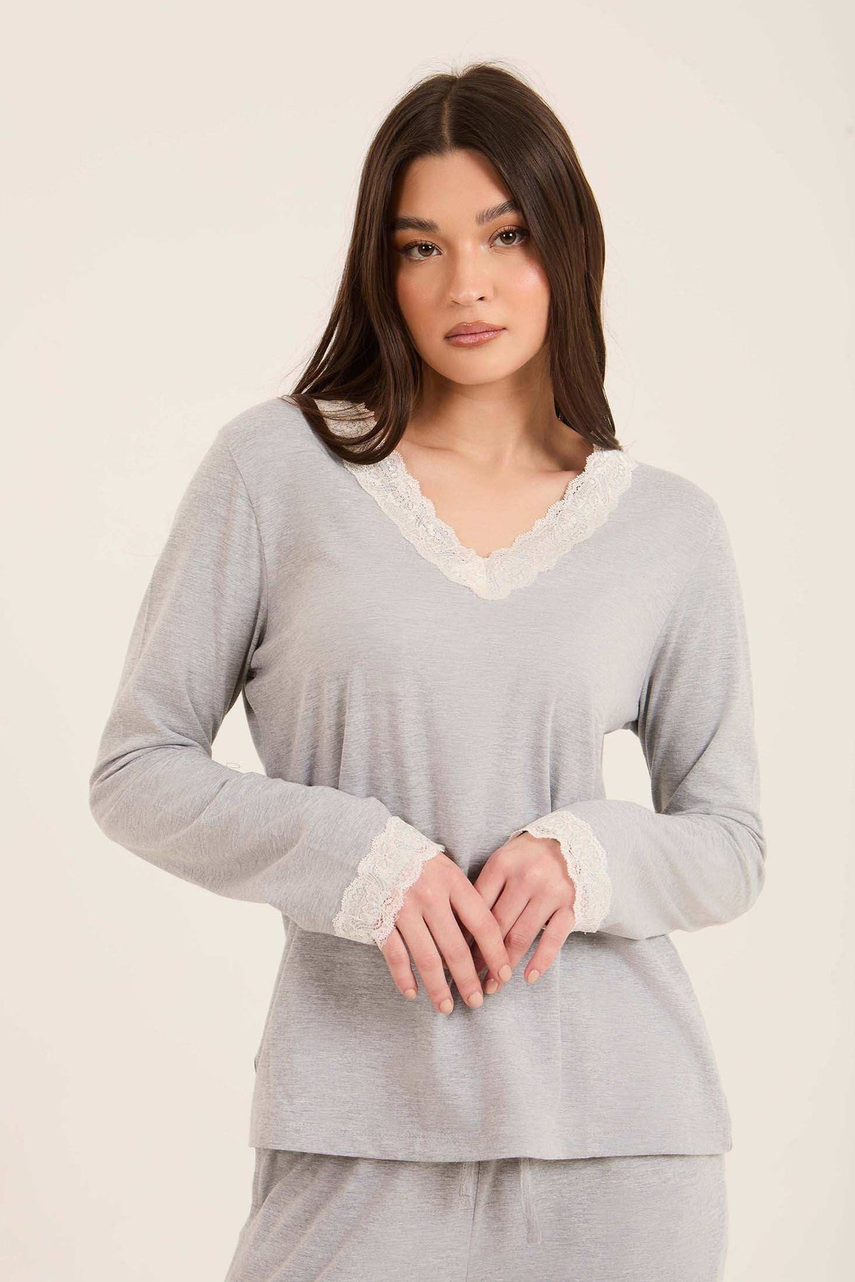 V-Neck Long Sleeves Pajama Set with Lace Detail