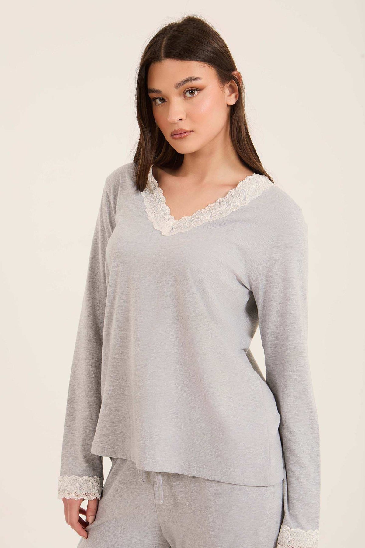 V-Neck Long Sleeves Pajama Set with Lace Detail