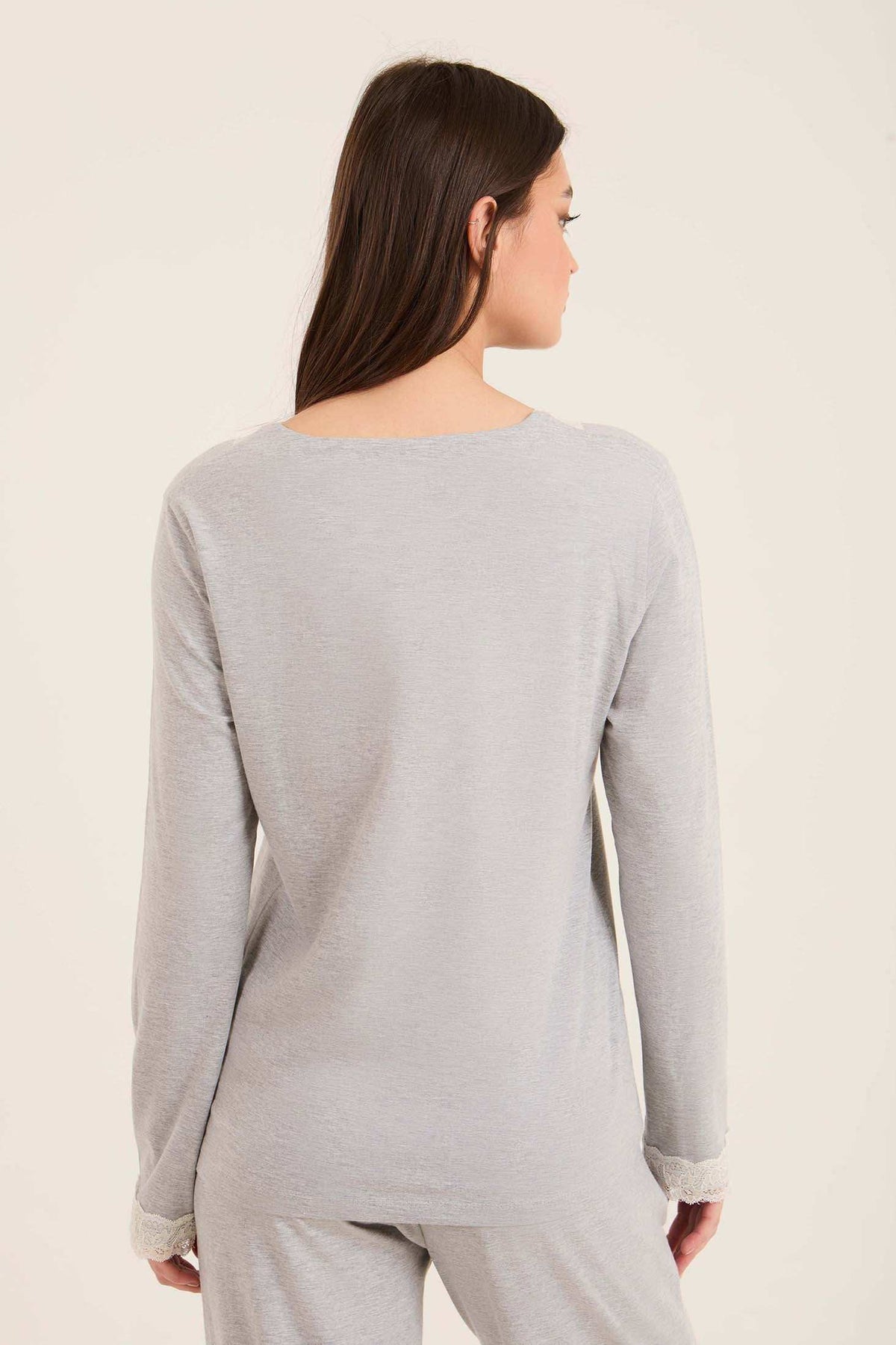 V-Neck Long Sleeves Pajama Set with Lace Detail