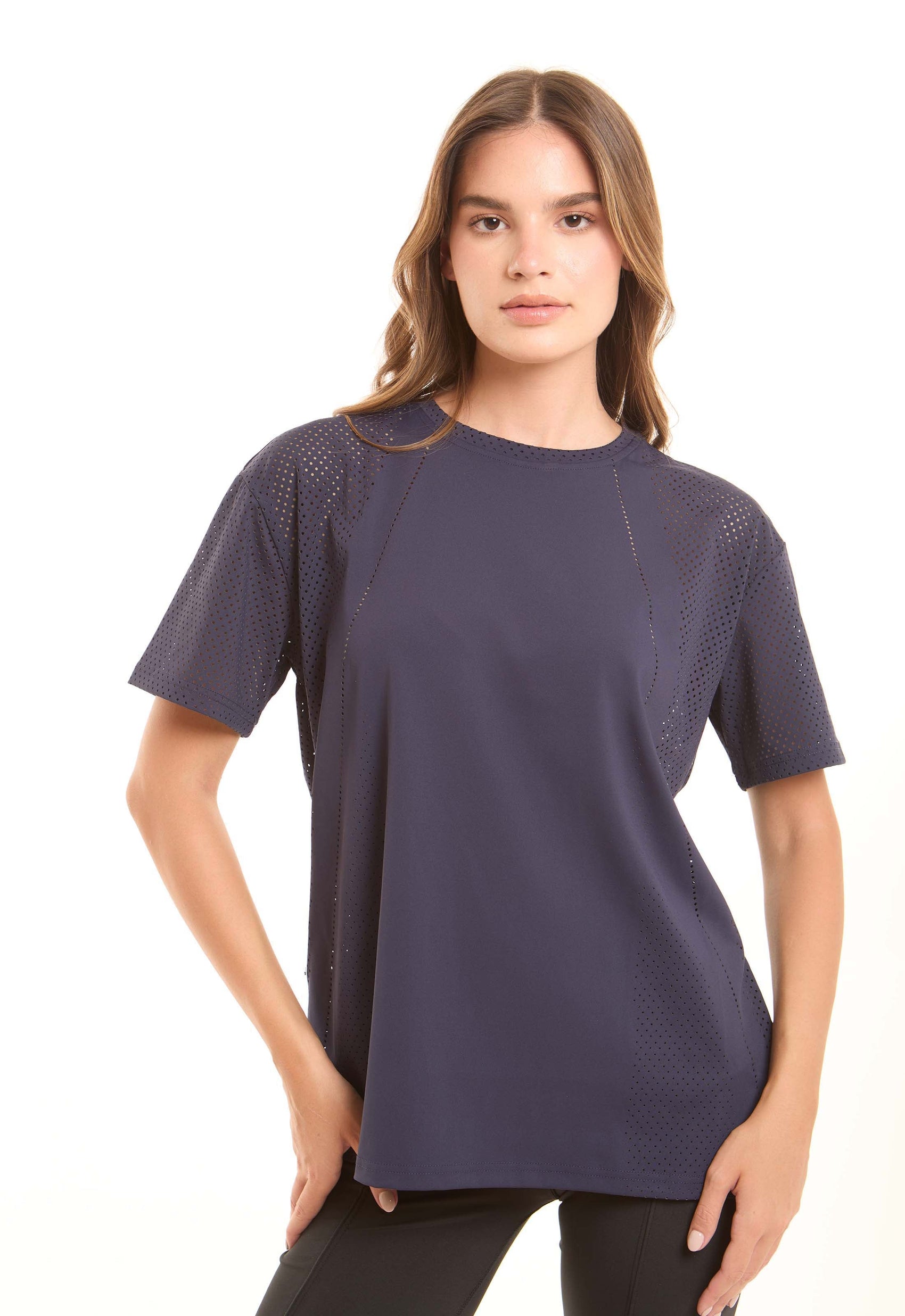 Solid Crew Neck Tee with Perforated Sleeves