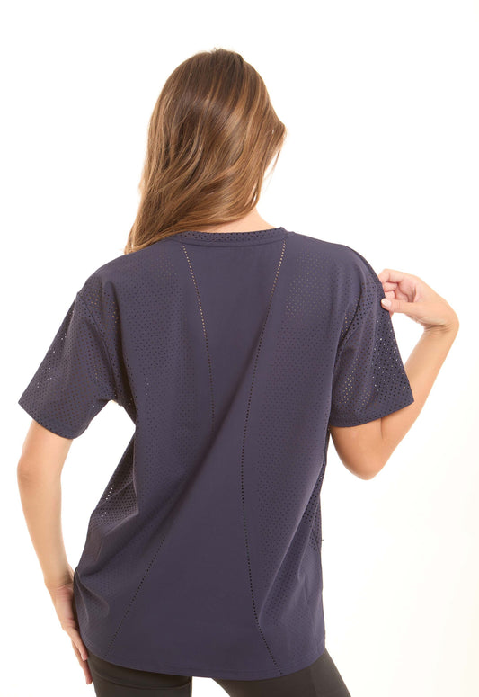 Solid Crew Neck Tee with Perforated Sleeves