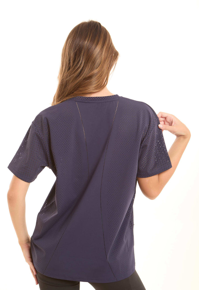 Solid Crew Neck Tee with Perforated Sleeves